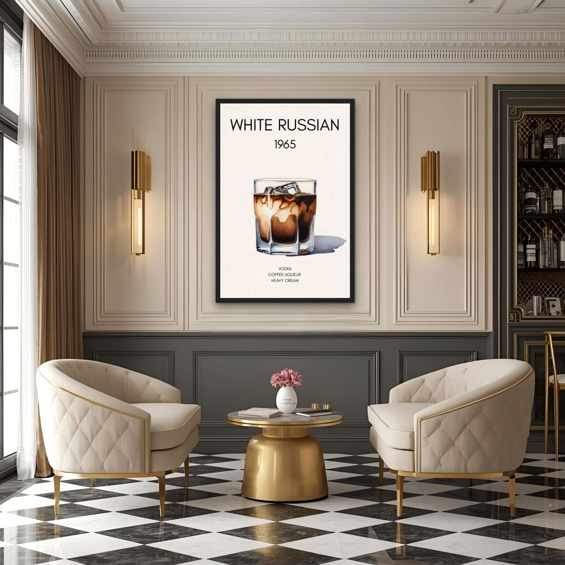 White Russian Cocktail Bar Art Poster Print Dark Brown Wood Frame 30x45 cm 12x18″ Framed Canvas