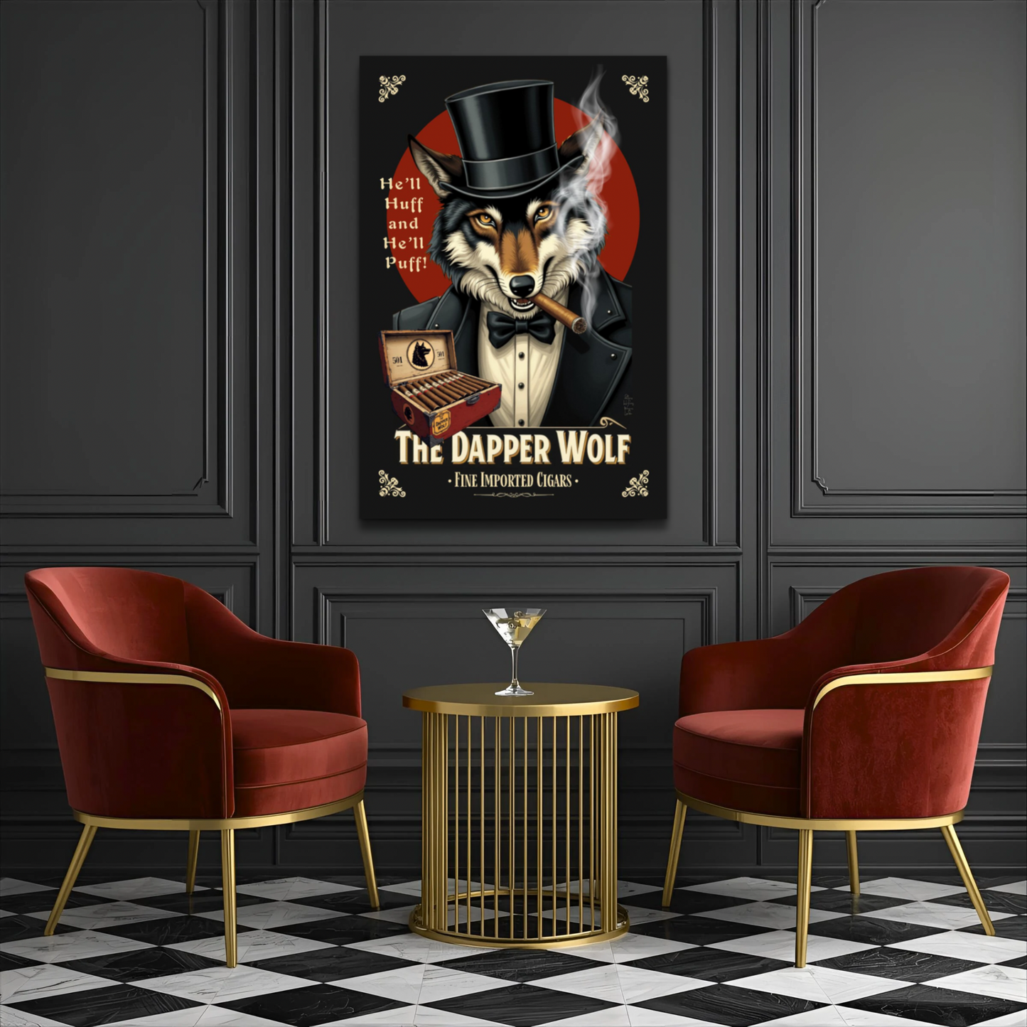 Smoking Wolf Retro Cigar Art Print 30x45 cm 12x18″ Premium Matte Paper Wooden Framed Poster Dark Brown Wood Frame