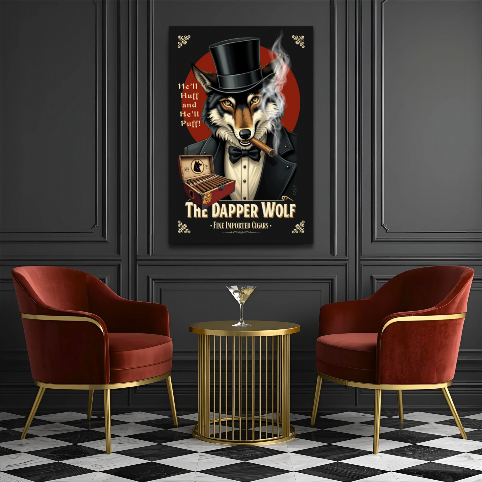 Smoking Wolf Retro Cigar Art Print 30x45 cm 12x18″ Premium Matte Paper Wooden Framed Poster Dark Brown Wood Frame