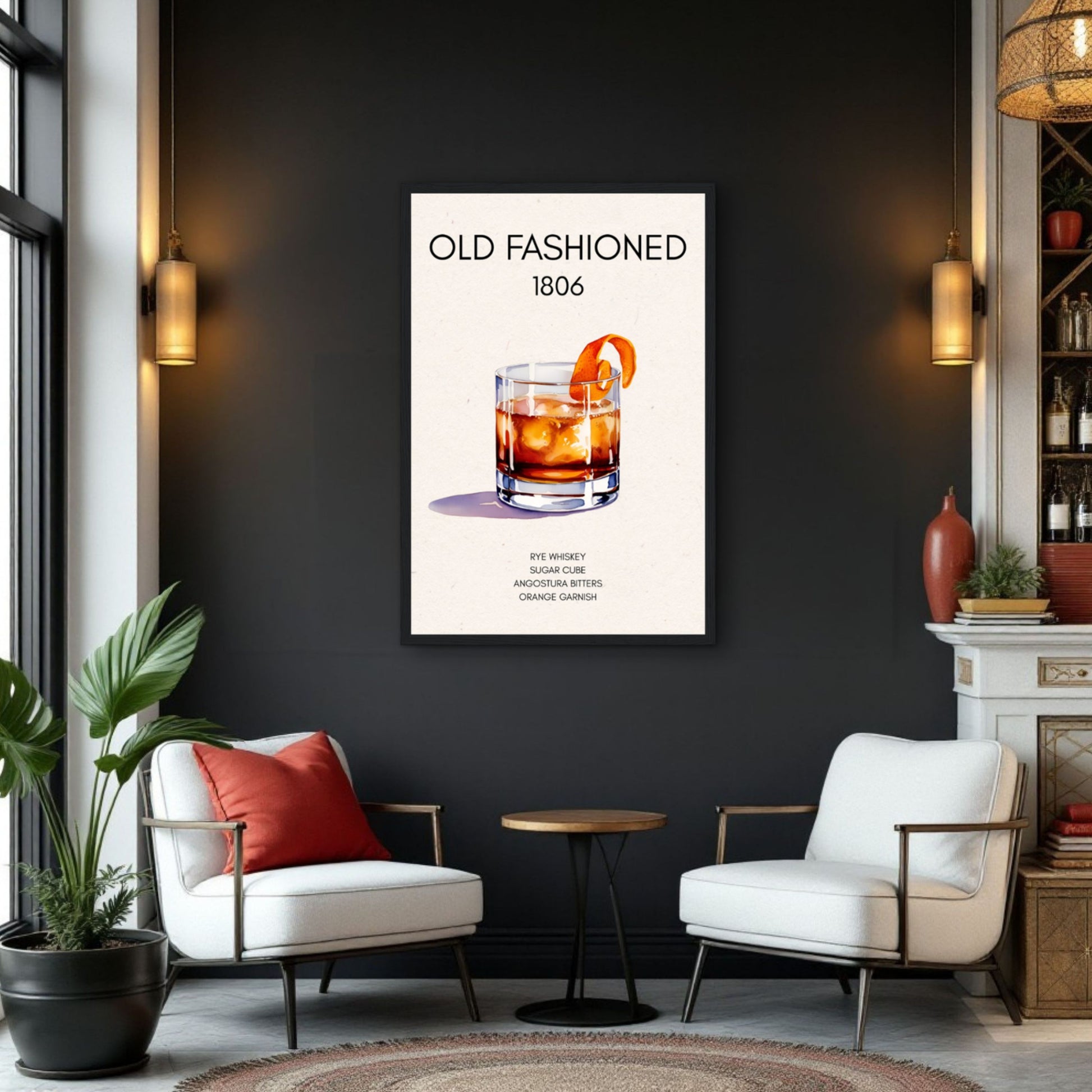 Classic Old Fashioned Cocktail Bar Poster Print Dark Brown Wood Frame 40x60 cm 16x24″ Framed Canvas