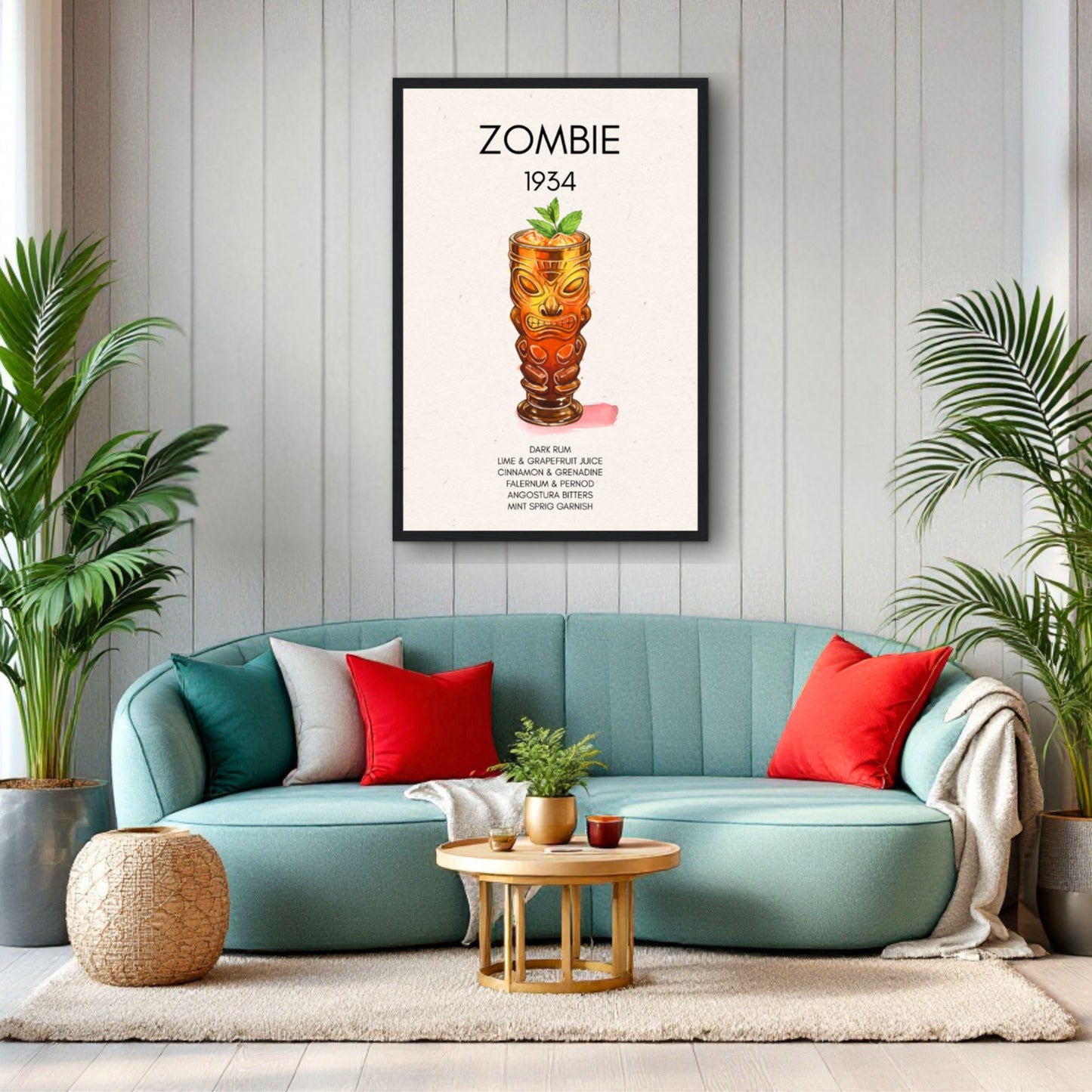 Zombie Tiki Cocktail Bar Poster Print Dark Brown Wood Frame 30x45 cm 12x18″ Framed Canvas