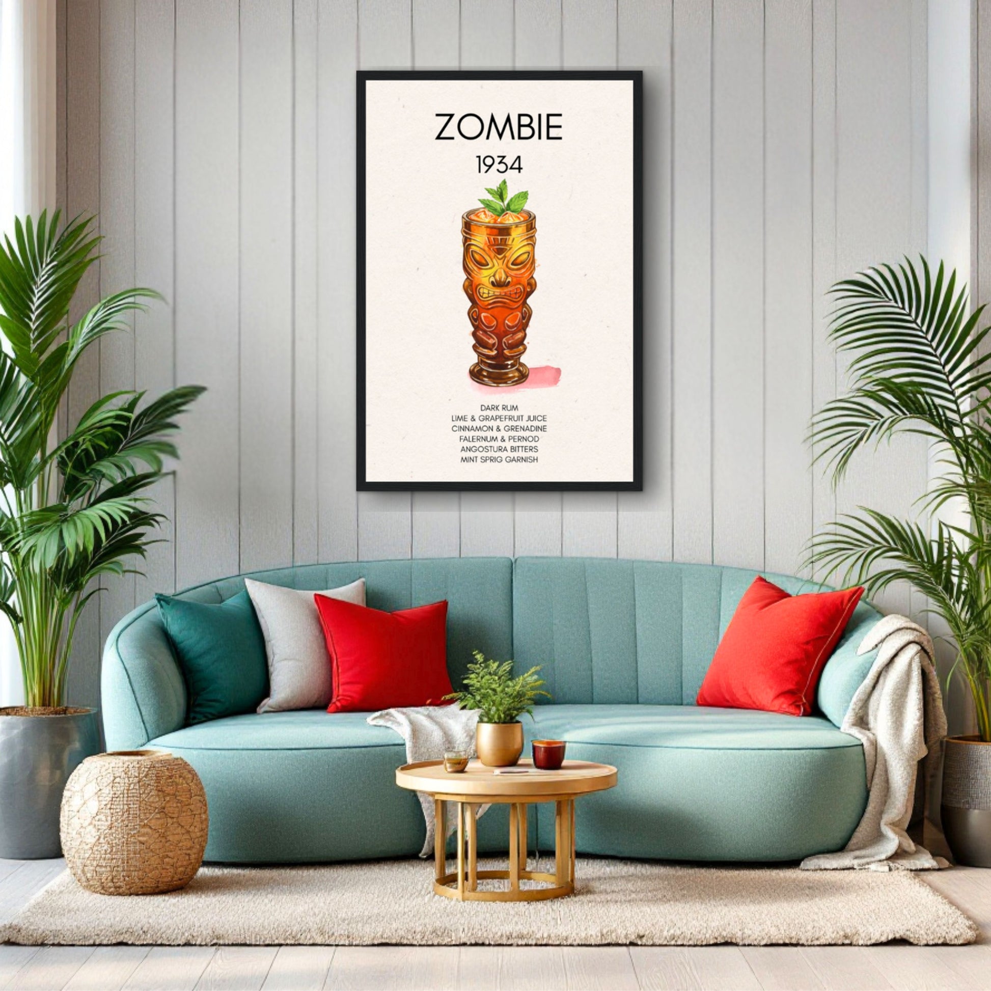 Zombie Tiki Cocktail Bar Poster Print Dark Brown Wood Frame 30x45 cm 12x18″ Framed Canvas