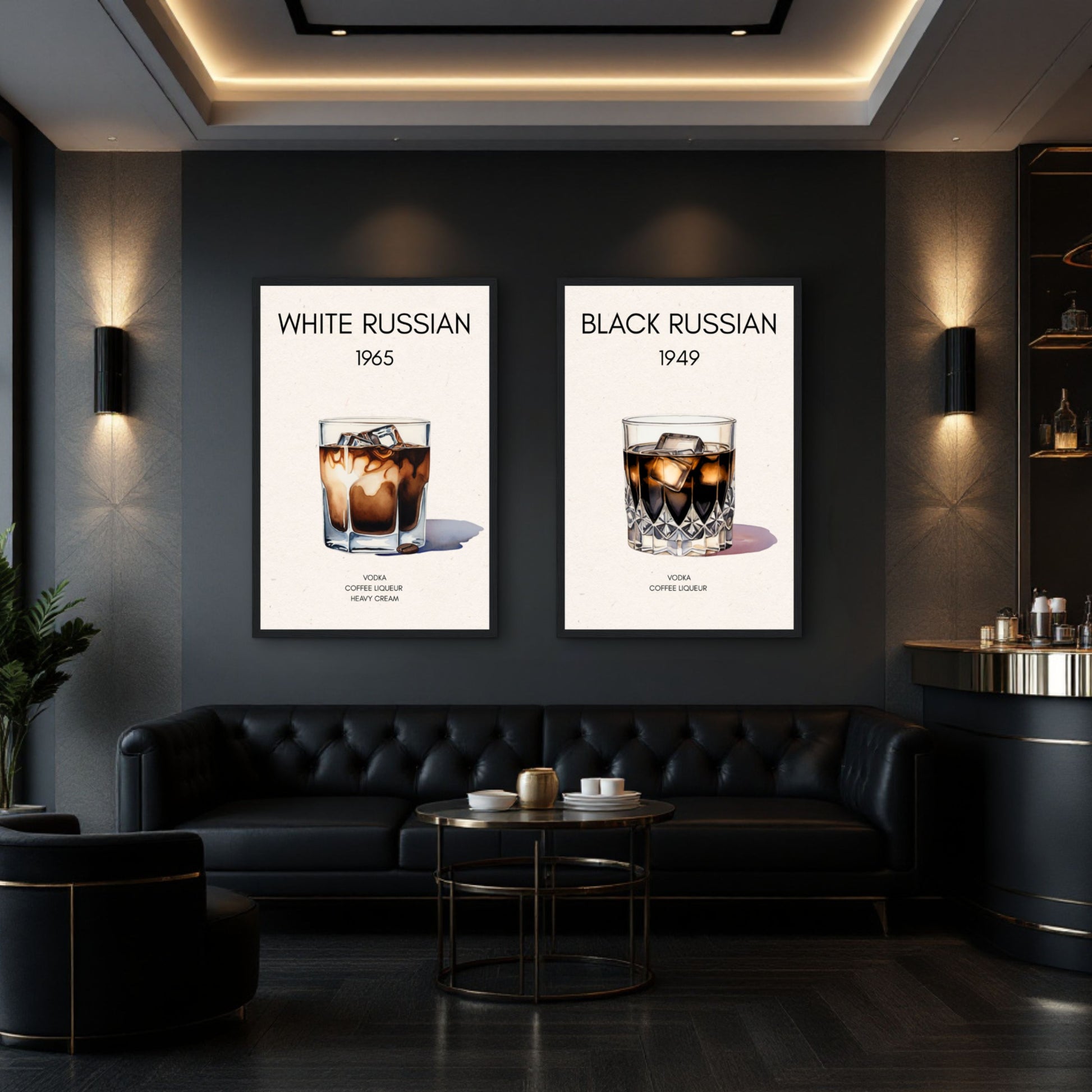 White Russian Cocktail Bar Art Poster Print Dark Brown Wood Frame 30x45 cm 12x18″ Framed Canvas