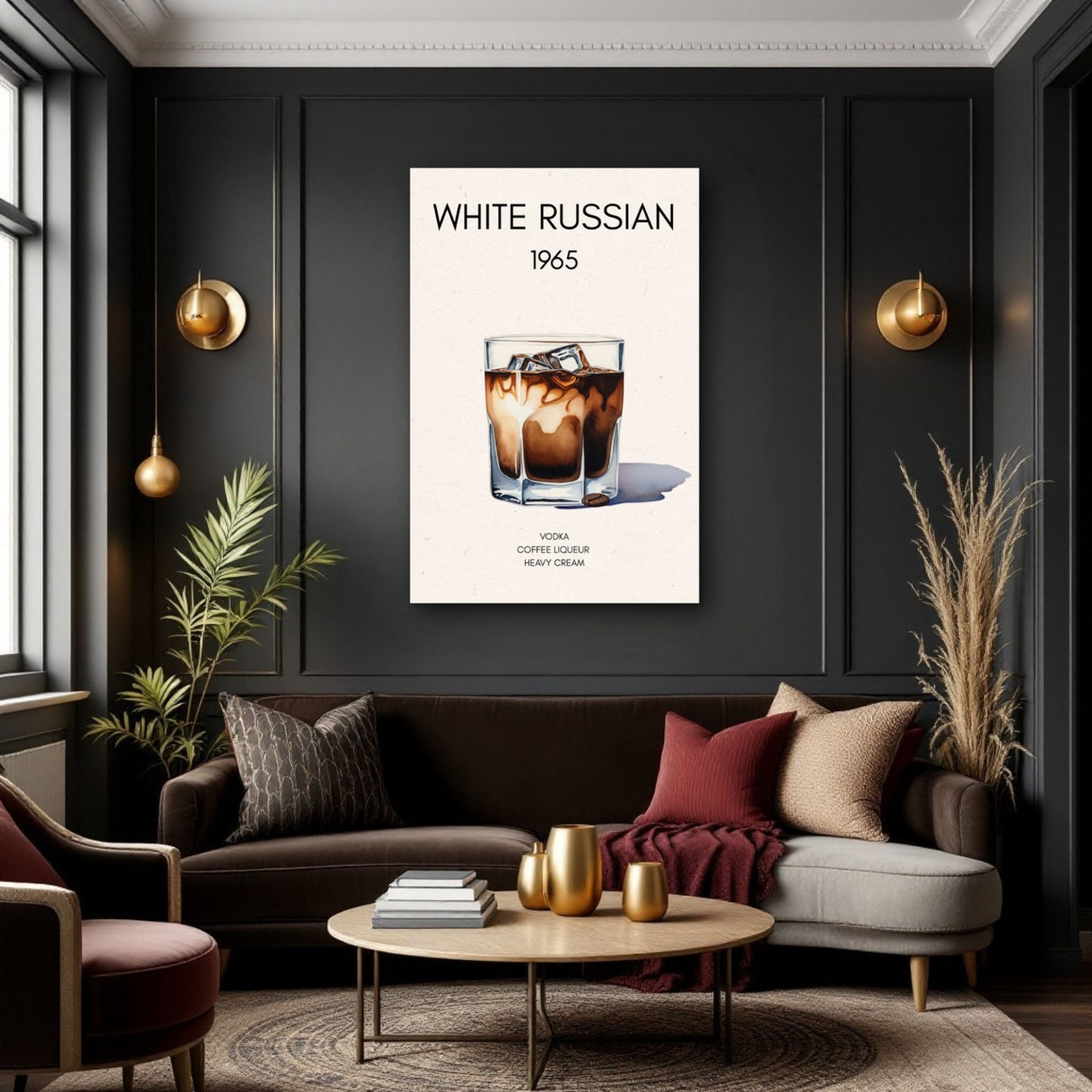 White Russian Cocktail Bar Art Poster Print Dark Brown Wood Frame 30x45 cm 12x18″ Framed Canvas