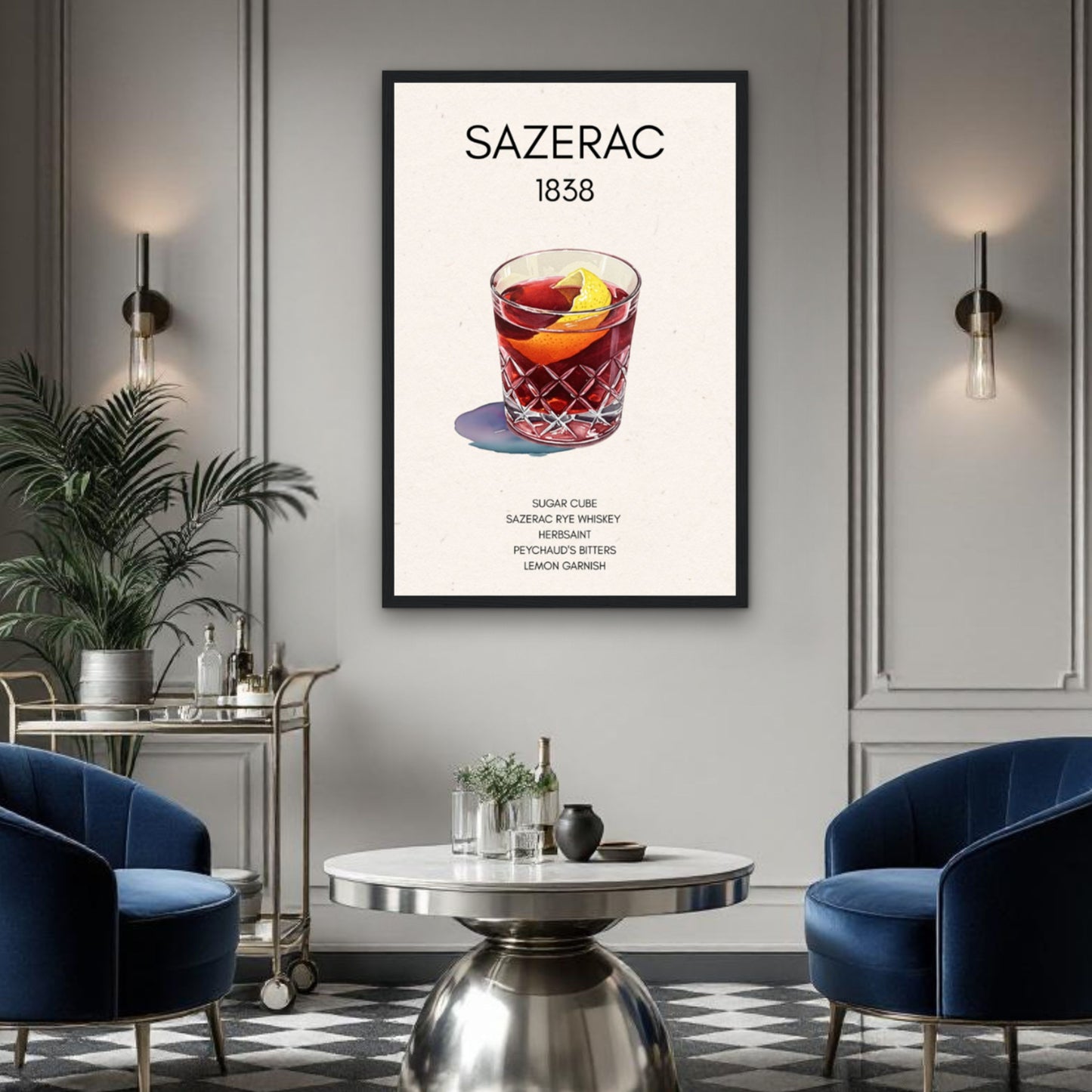Sazerac Cocktail Bar Poster Print Black Wood Frame 30x45 cm 12x18″ Premium Matte Paper Wooden Framed Poster