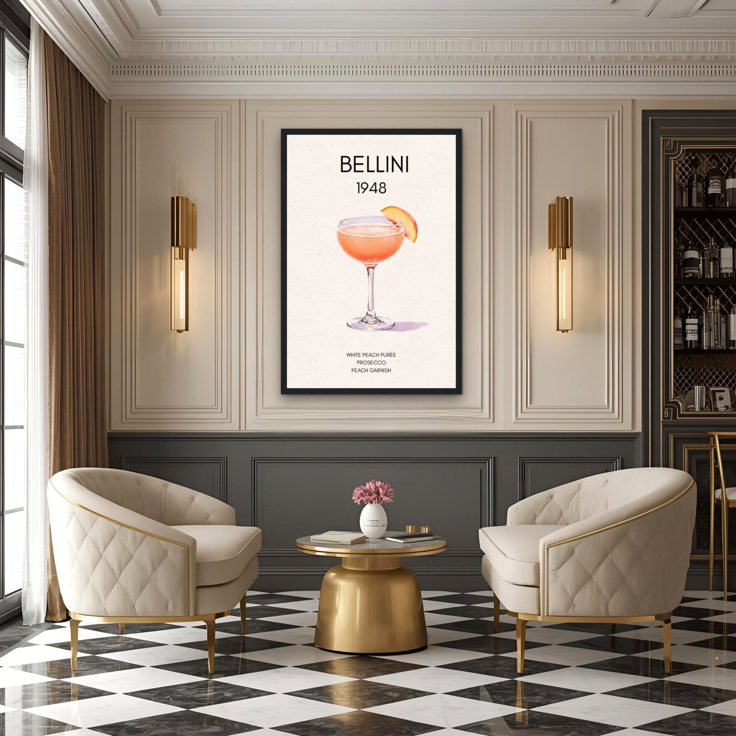 Italian Bellini Cocktail Bar Poster Print 30x45 cm 12x18″ Premium Matte Paper Wooden Framed Poster Black Wood Frame