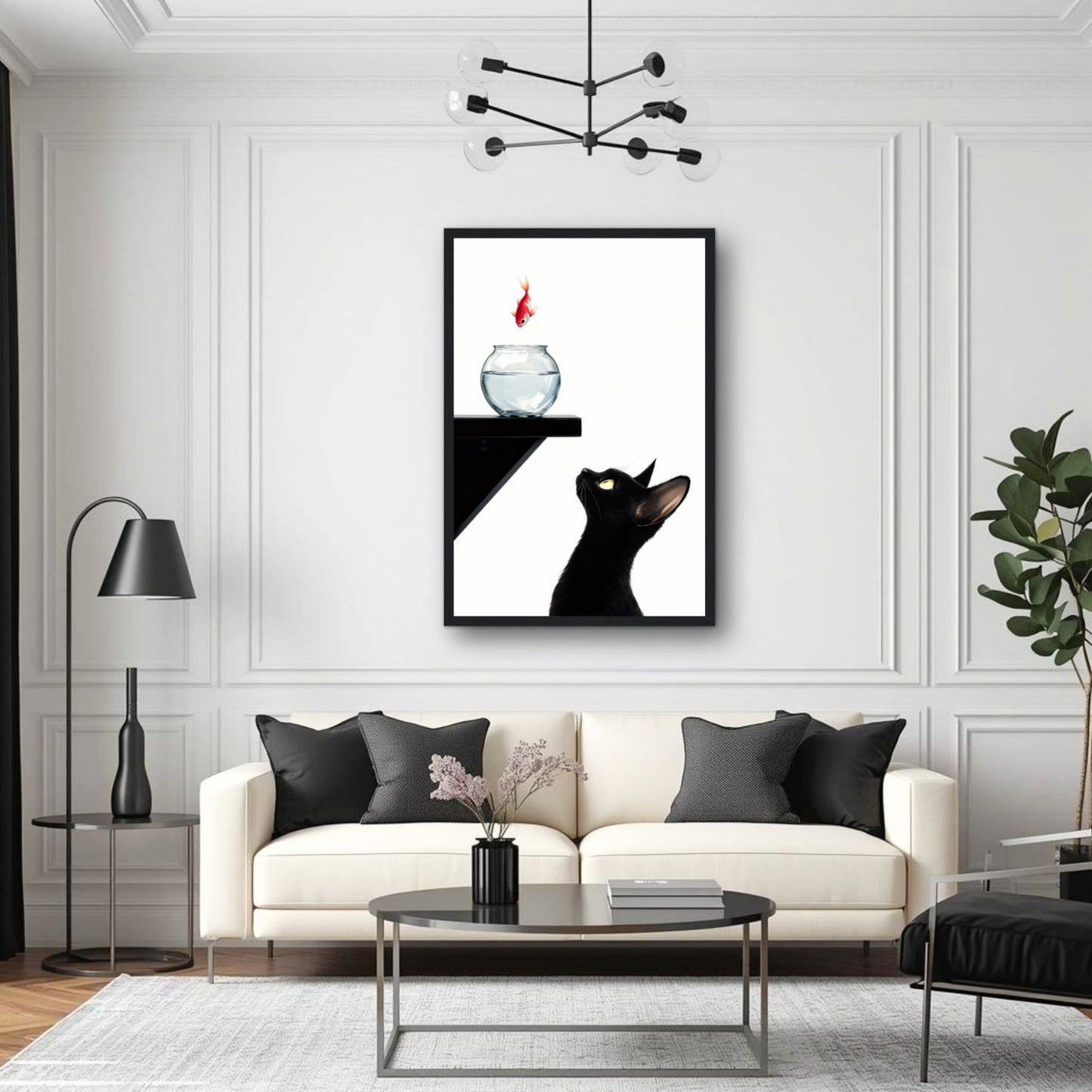 Curious Black Cat Goldfish Minimalist Art Print