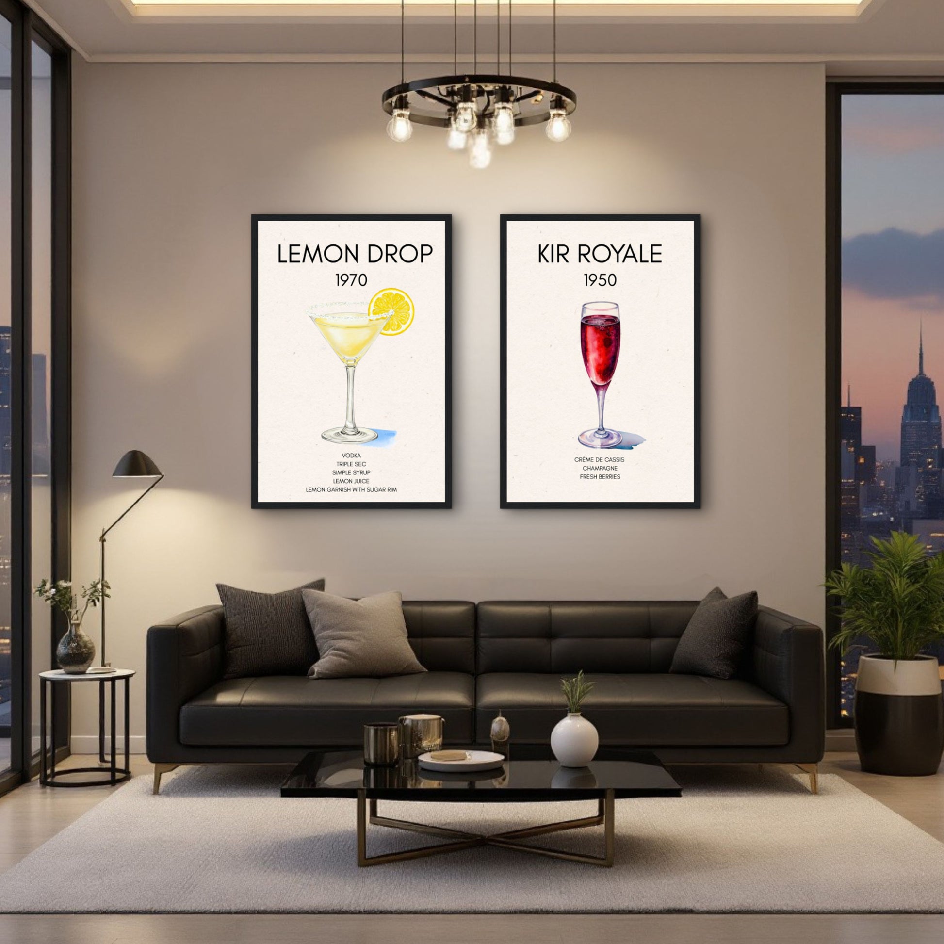 Lemon Drop Martini Cocktail Bar Poster Print Dark Brown Wood Frame 60x90 cm 24x36″ Framed Canvas