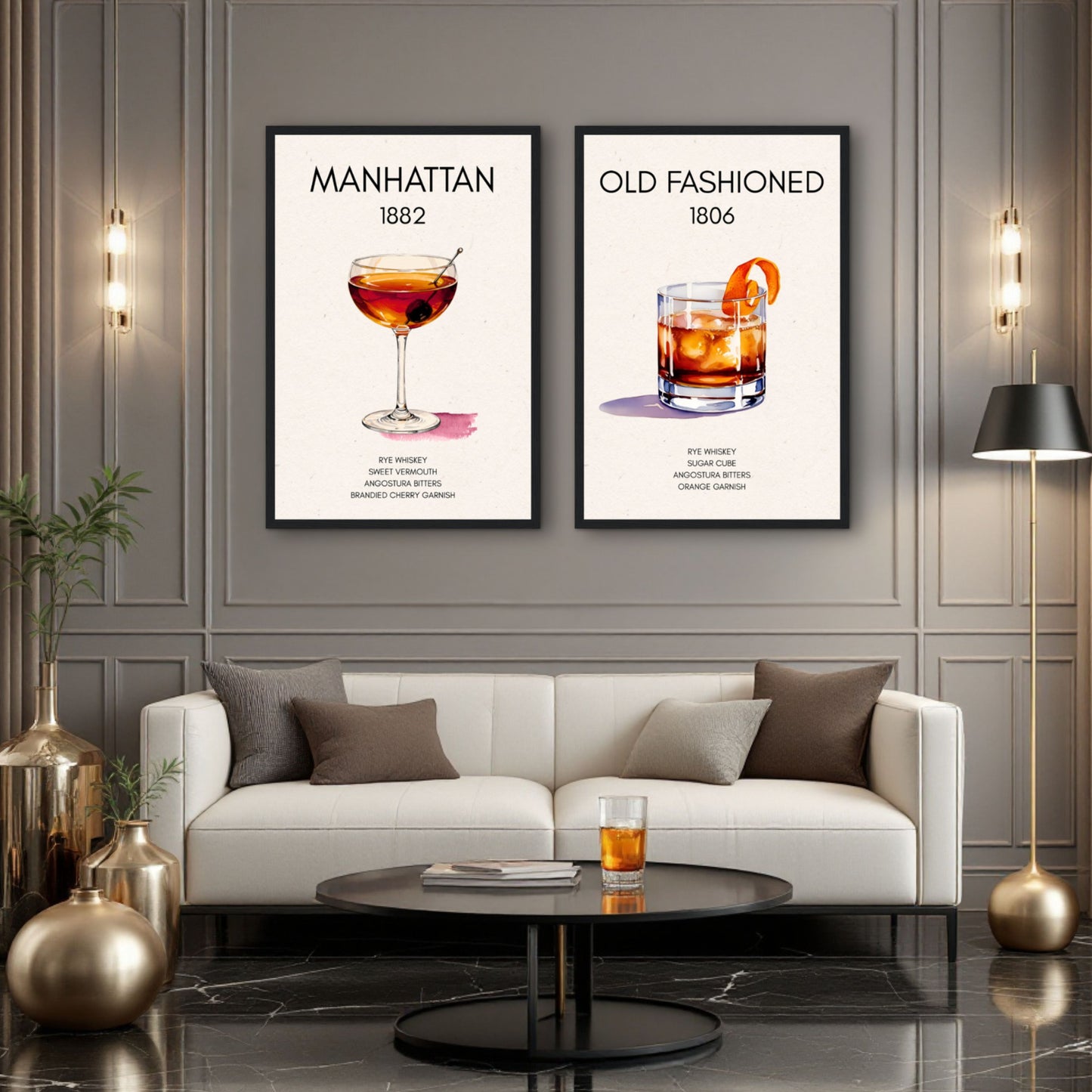 Classic Old Fashioned Cocktail Bar Poster Print Dark Brown Wood Frame 40x60 cm 16x24″ Framed Canvas