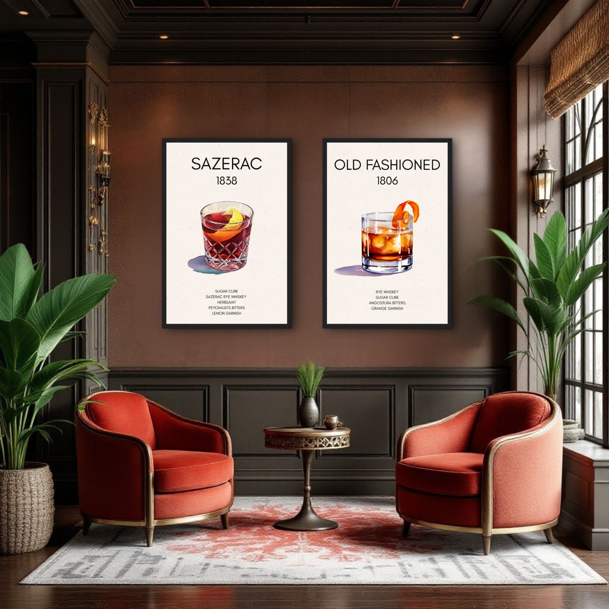 Classic Old Fashioned Cocktail Bar Poster Print Dark Brown Wood Frame 40x60 cm 16x24″ Framed Canvas