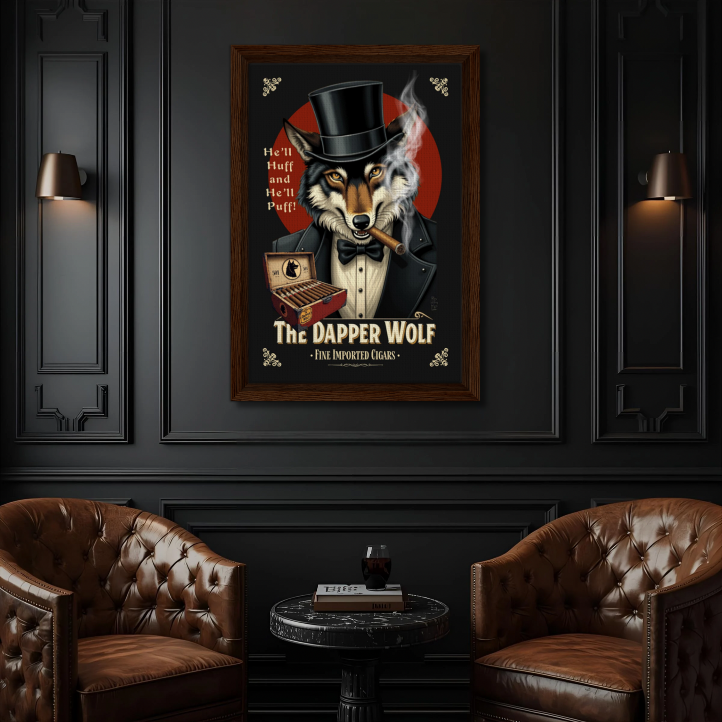Smoking Wolf Retro Cigar Art Print 30x45 cm 12x18″ Premium Matte Paper Wooden Framed Poster Dark Brown Wood Frame