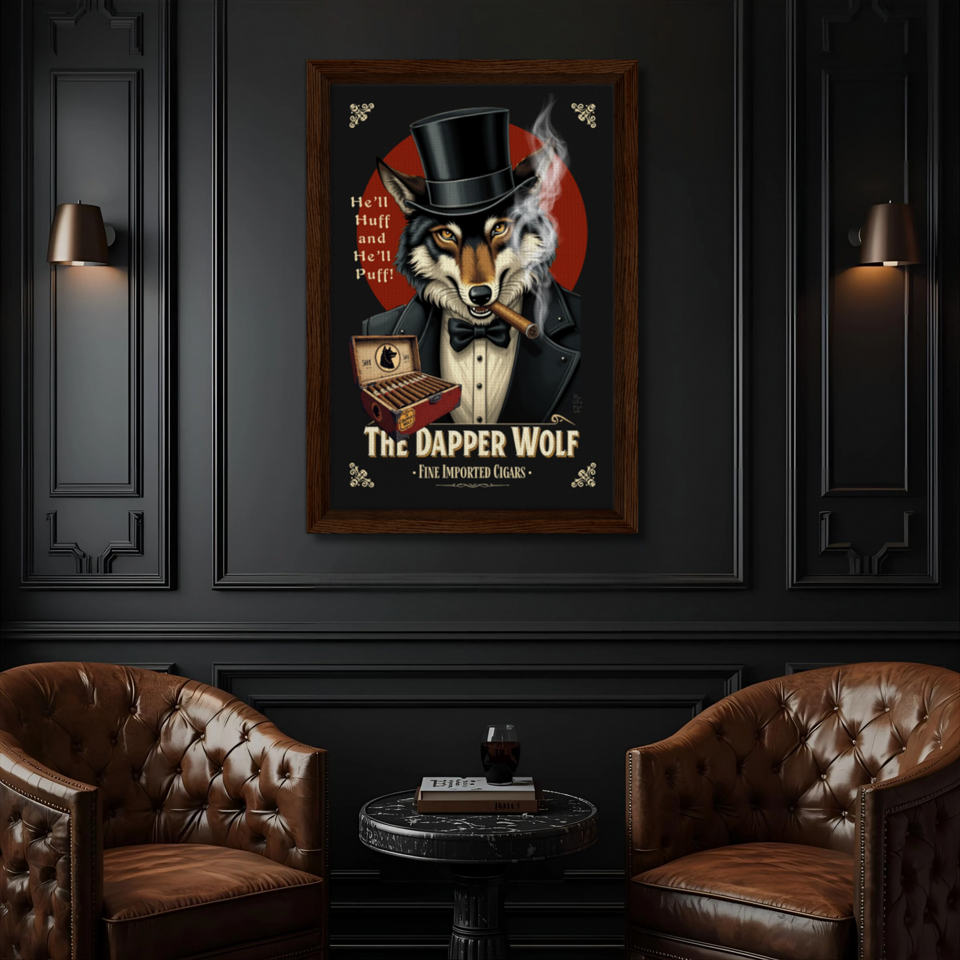 Smoking Wolf Retro Cigar Art Print 30x45 cm 12x18″ Premium Matte Paper Wooden Framed Poster Dark Brown Wood Frame
