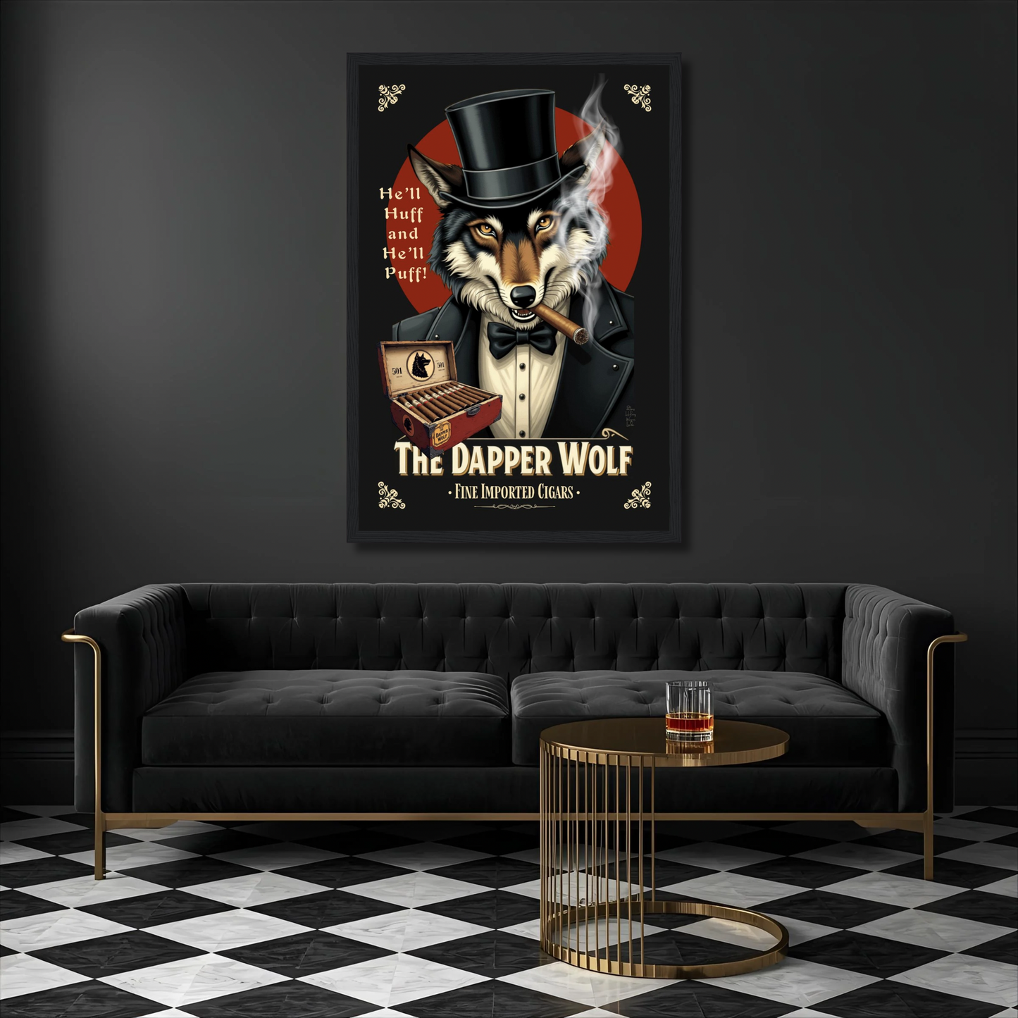 Smoking Wolf Retro Cigar Art Print 30x45 cm 12x18″ Premium Matte Paper Wooden Framed Poster Dark Brown Wood Frame