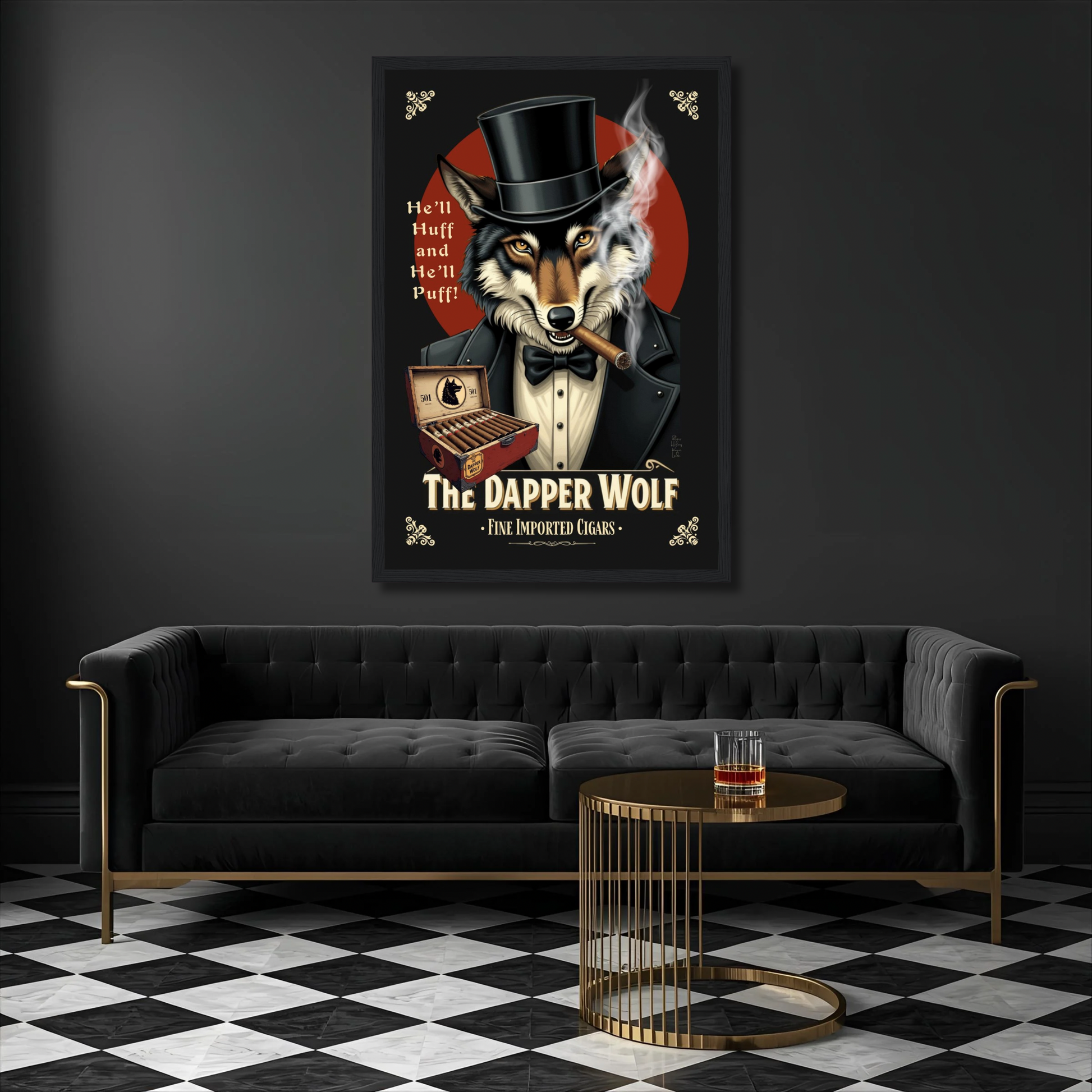 Smoking Wolf Retro Cigar Art Print 30x45 cm 12x18″ Premium Matte Paper Wooden Framed Poster Dark Brown Wood Frame