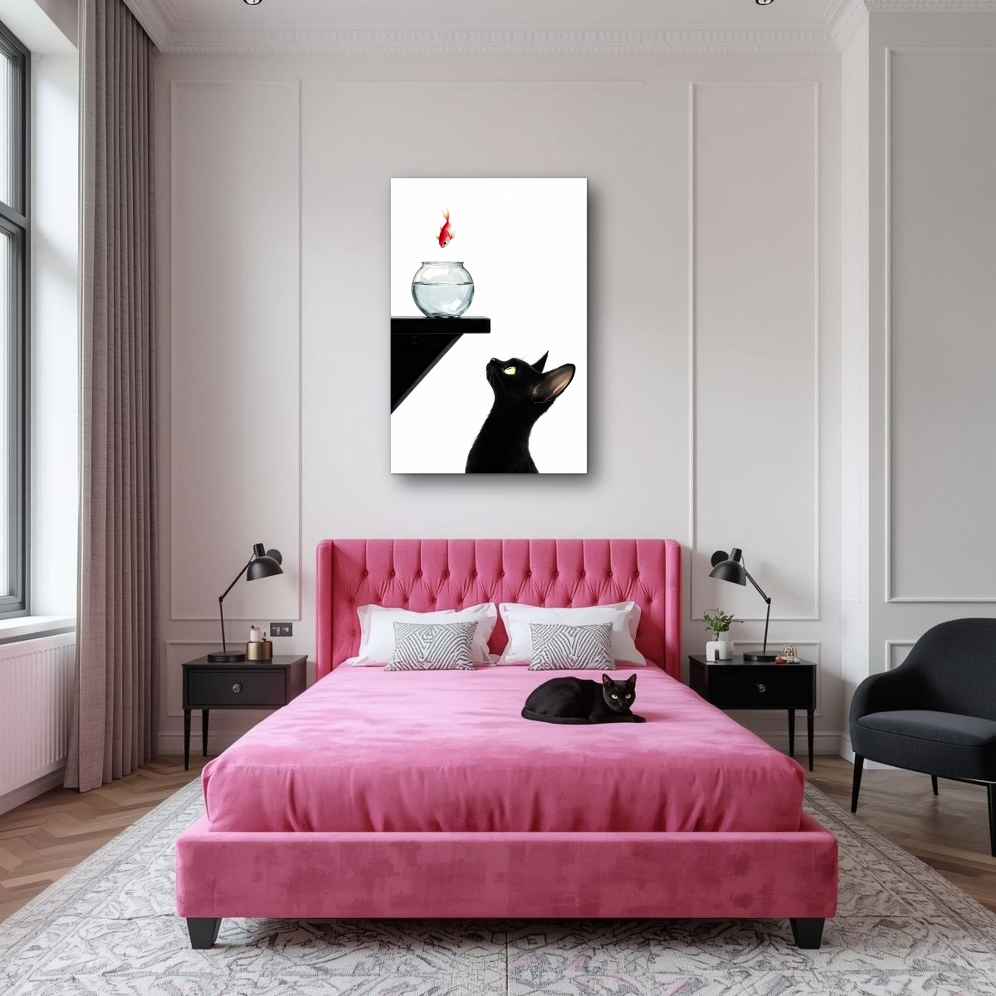 Curious Black Cat Goldfish Minimalist Art Print