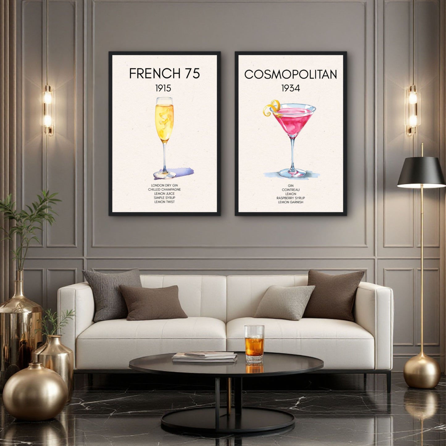 French 75 Cocktail Art Print Dark Brown Wood Frame 60x90 cm 24x36″ Framed Canvas