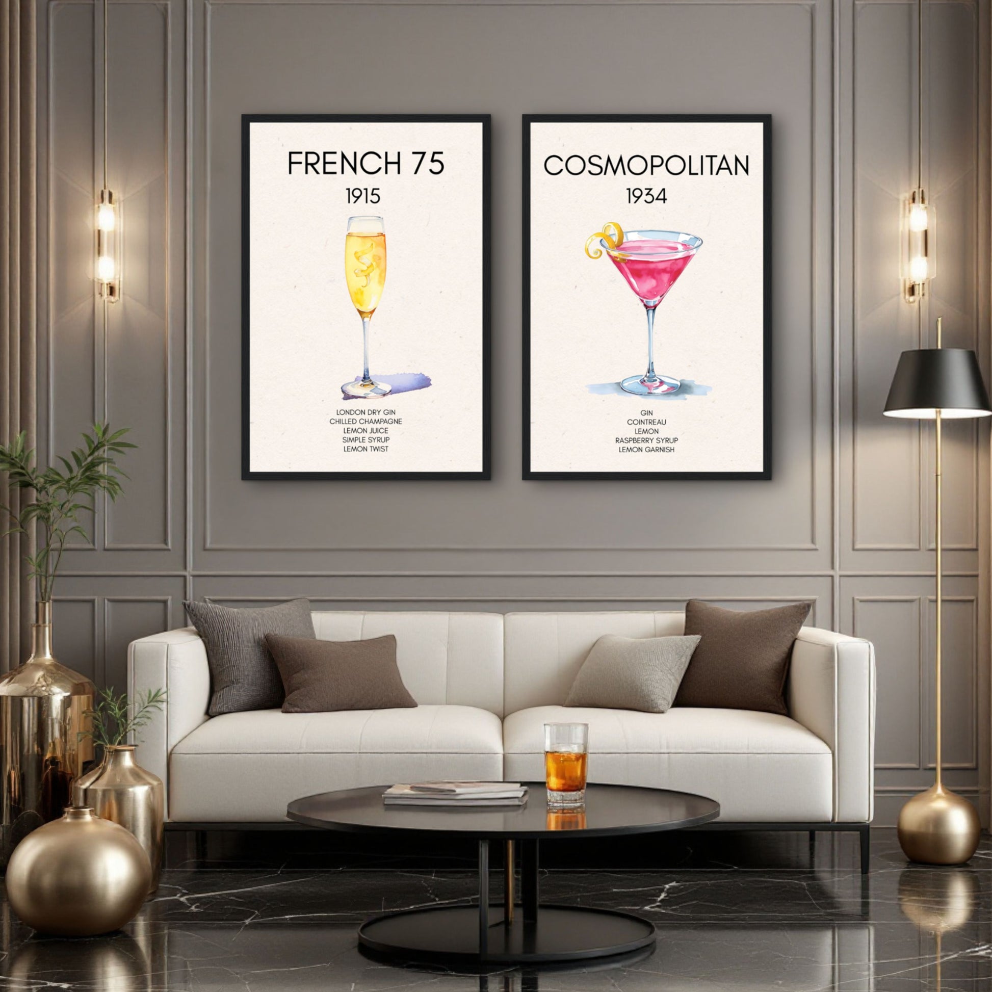 French 75 Cocktail Art Print Dark Brown Wood Frame 60x90 cm 24x36″ Framed Canvas