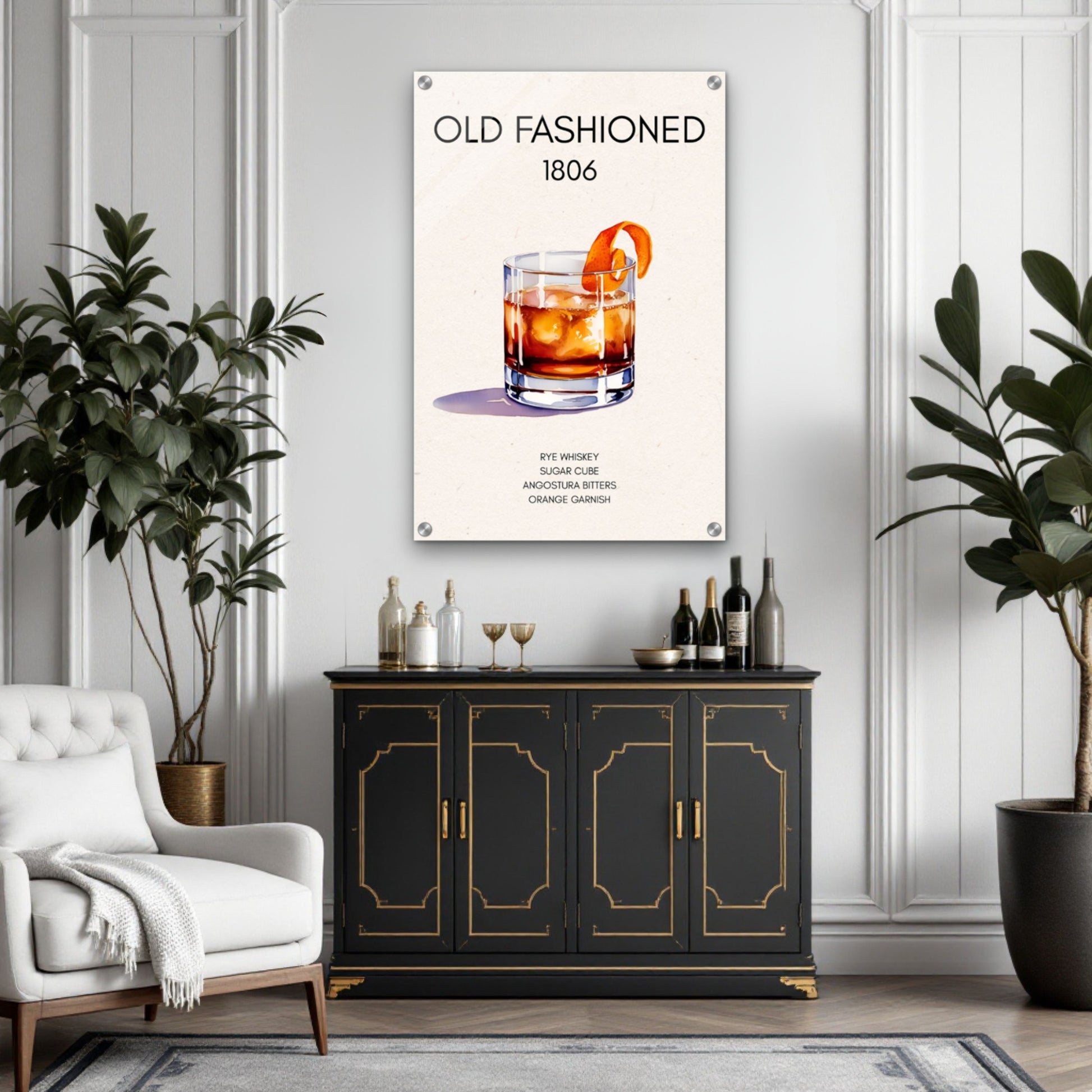 Classic Old Fashioned Cocktail Bar Poster Print Dark Brown Wood Frame 40x60 cm 16x24″ Framed Canvas