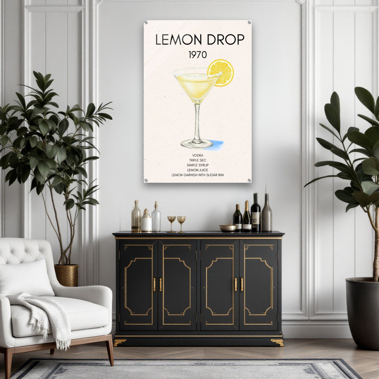 Lemon Drop Martini Cocktail Bar Poster Print Dark Brown Wood Frame 60x90 cm 24x36″ Framed Canvas