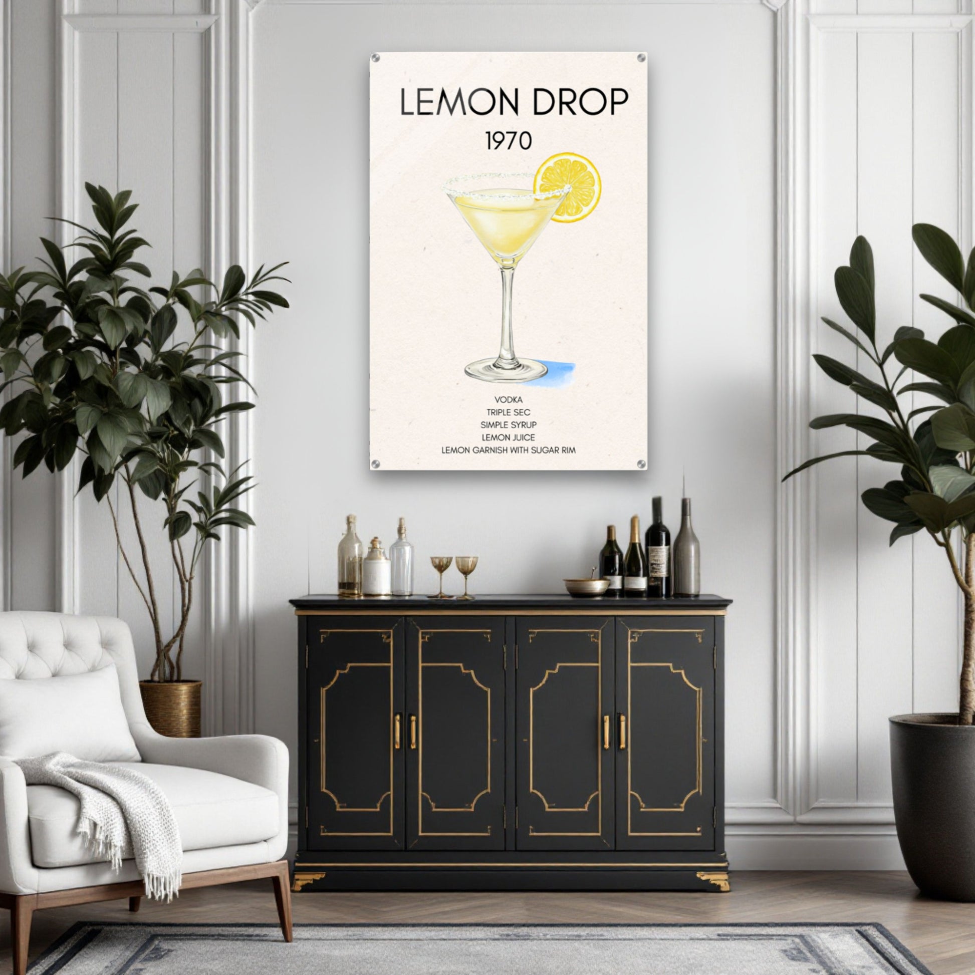 Lemon Drop Martini Cocktail Bar Poster Print Dark Brown Wood Frame 60x90 cm 24x36″ Framed Canvas