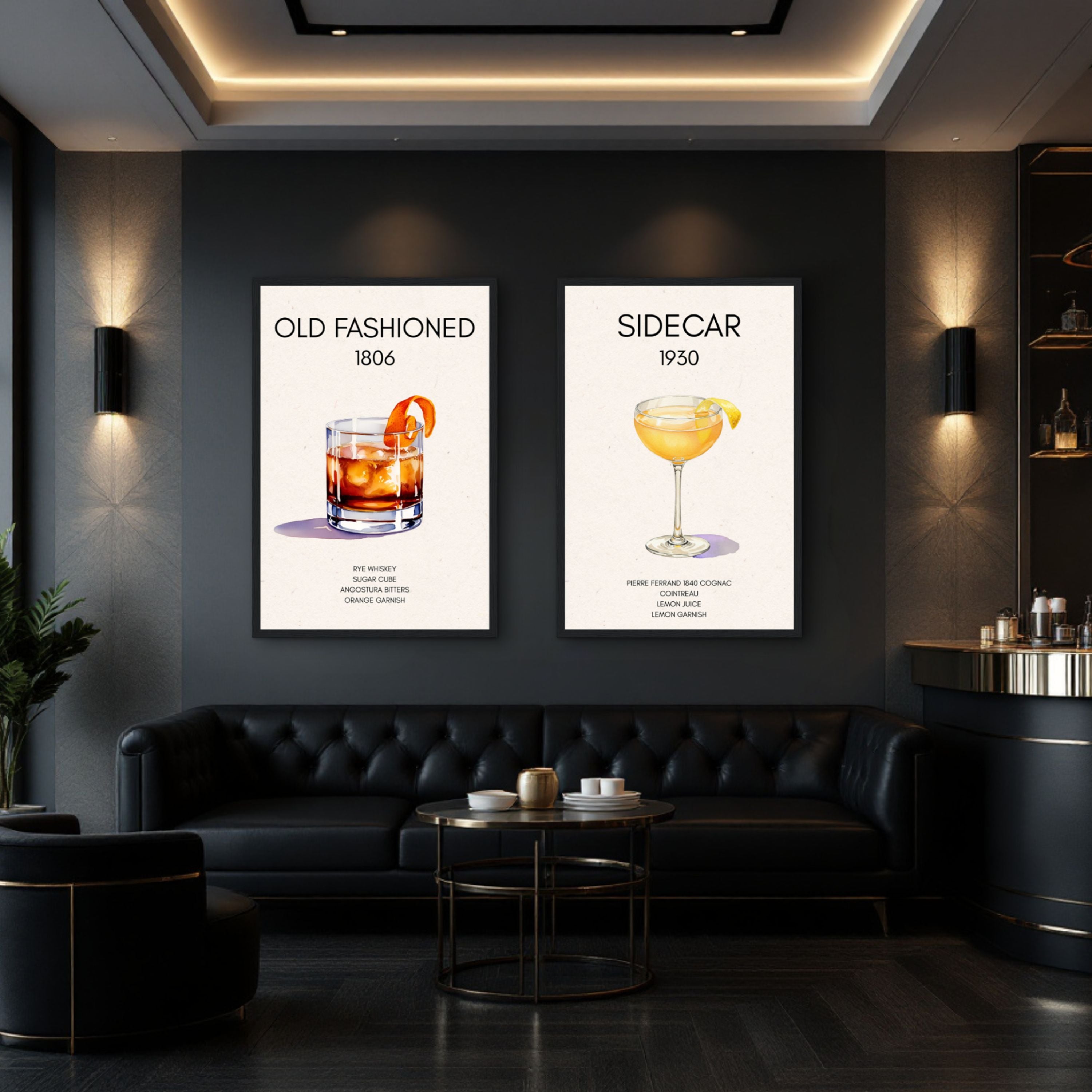 Sidecar Cocktail Bar Poster Print Black Wood Frame 30x45 cm 12x18″ Framed Canvas