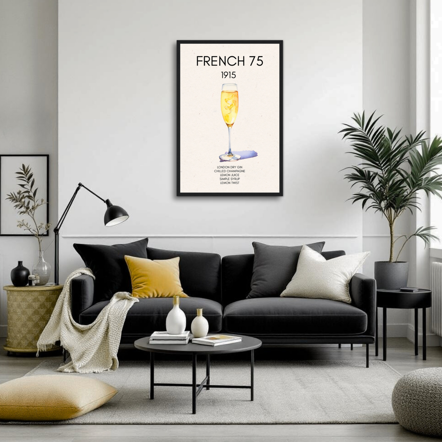 French 75 Cocktail Art Print Dark Brown Wood Frame 60x90 cm 24x36″ Framed Canvas