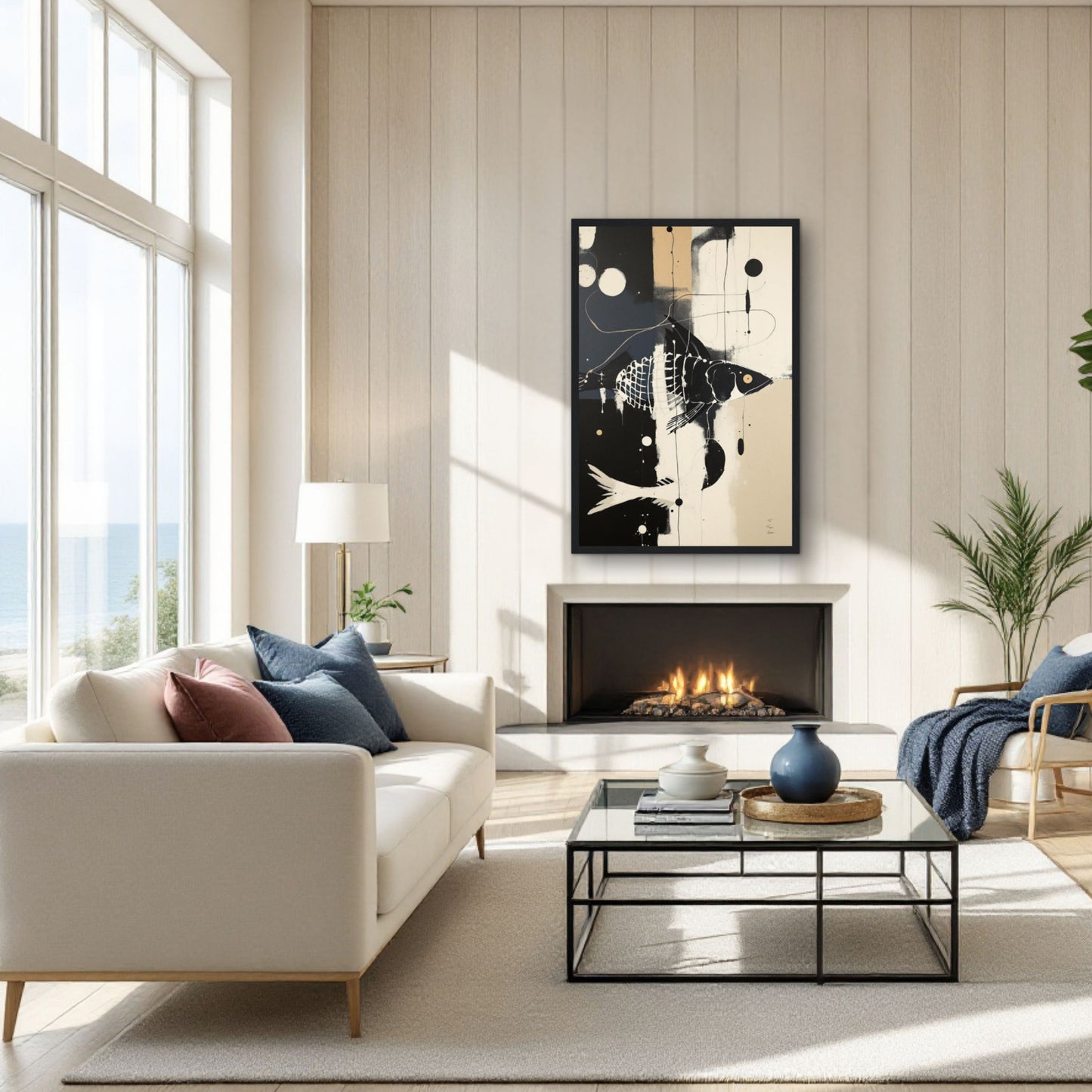 Abstract Fish Art Poster Print – Framed Modern Neutral Wall Décor