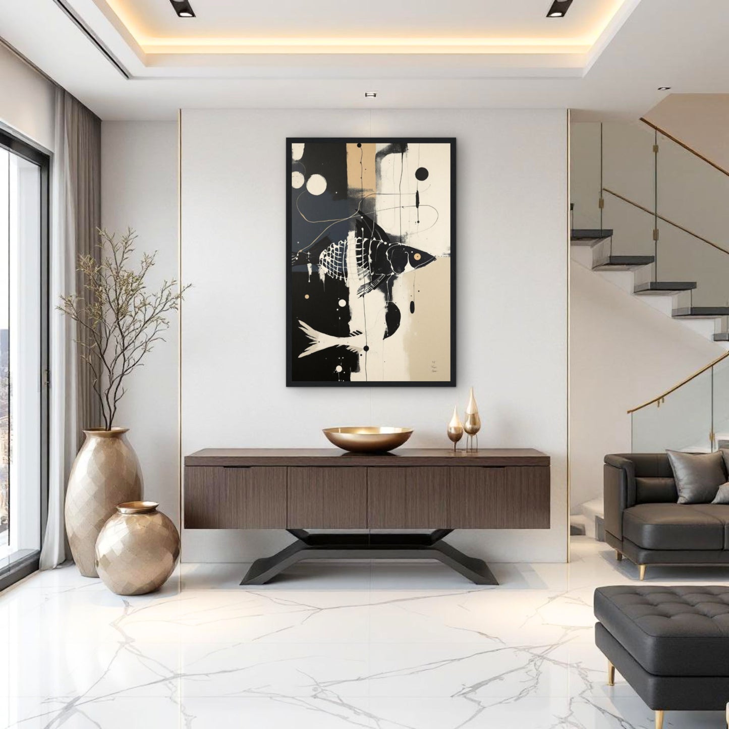 Abstract Fish Art Poster Print – Framed Modern Neutral Wall Décor