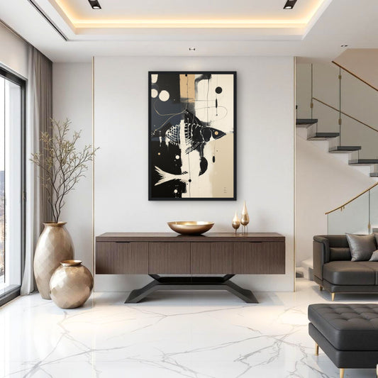 Abstract Fish Art Poster Print – Framed Modern Neutral Wall Décor