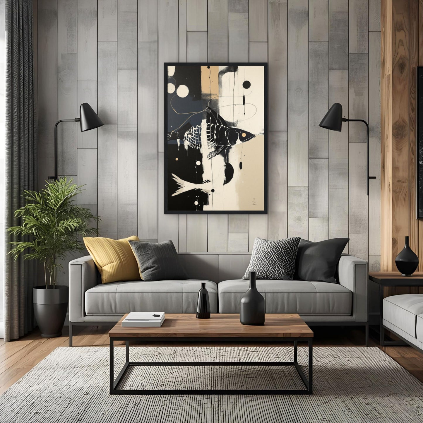 Abstract Fish Art Poster Print – Framed Modern Neutral Wall Décor