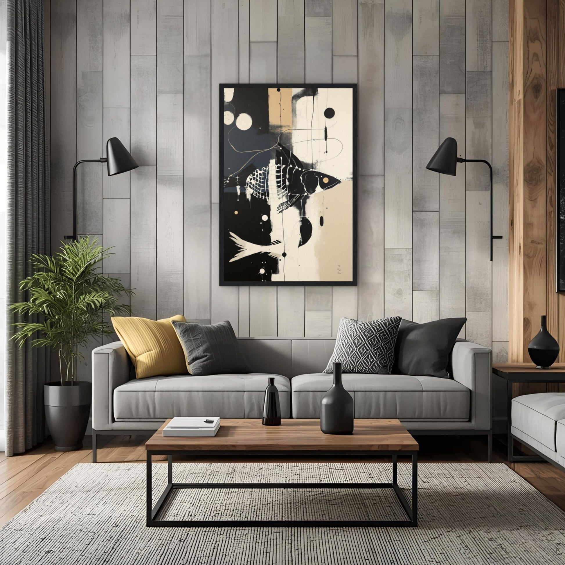Abstract Fish Art Poster Print – Framed Modern Neutral Wall Décor