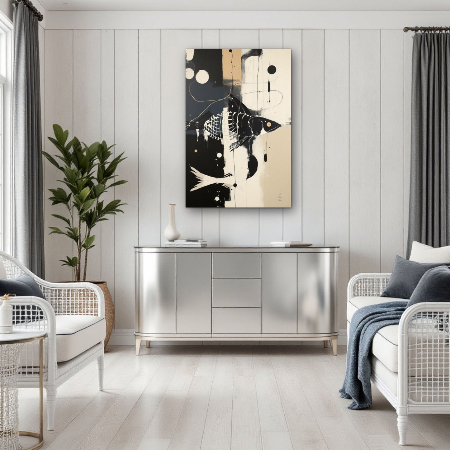 Abstract Fish Art Poster Print – Framed Modern Neutral Wall Décor