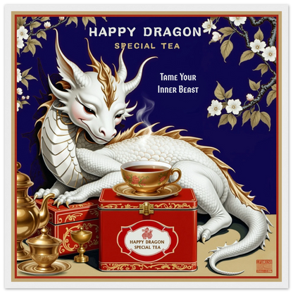 Happy Dragon Tea Art Print 50x50 cm 20x20″ Classic Matte Paper Wooden Framed Poster White Wood Frame