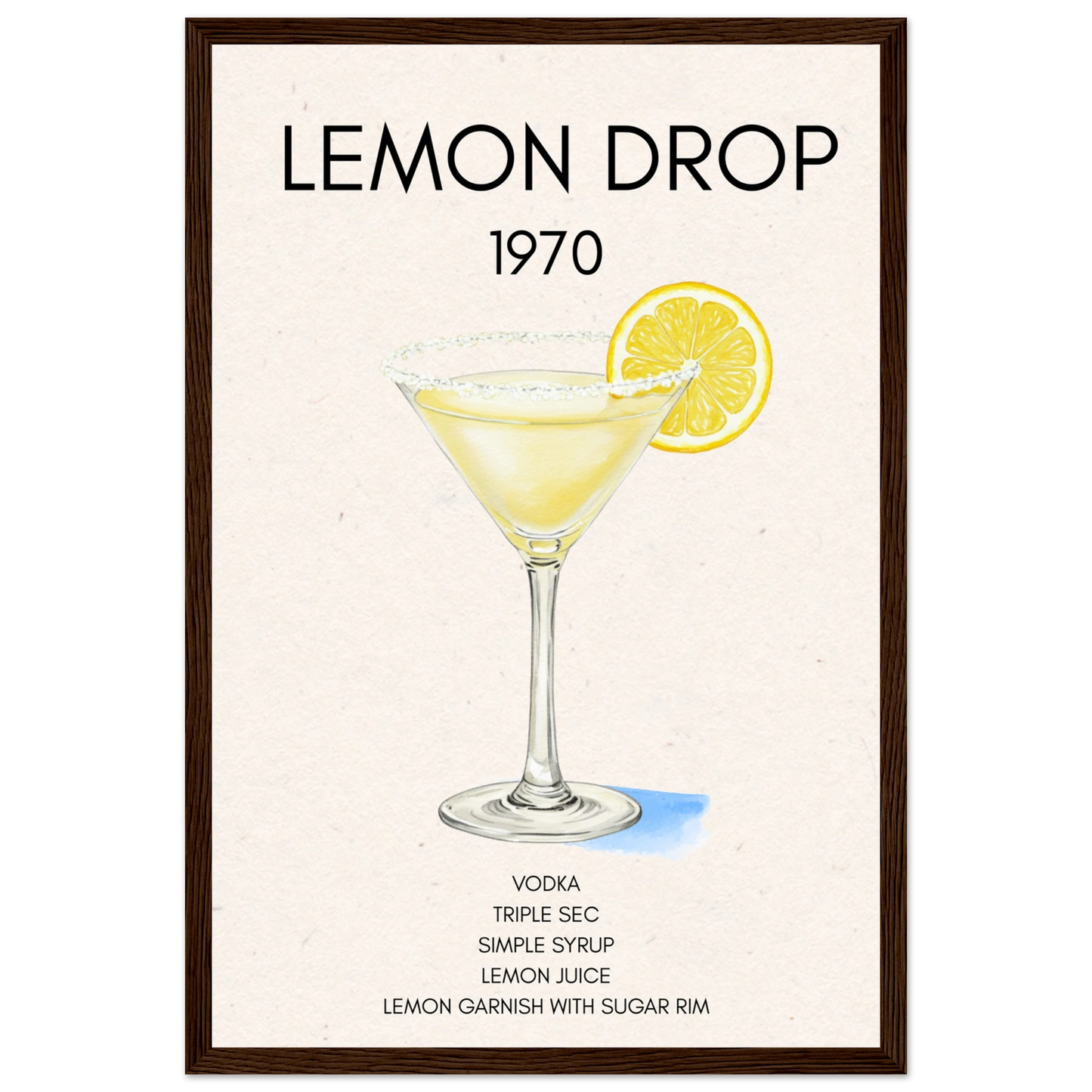 Lemon Drop Martini Cocktail Bar Poster Print Dark Brown Wood Frame 30x45 cm 12x18″ Premium Matte Paper Wooden Framed Poster