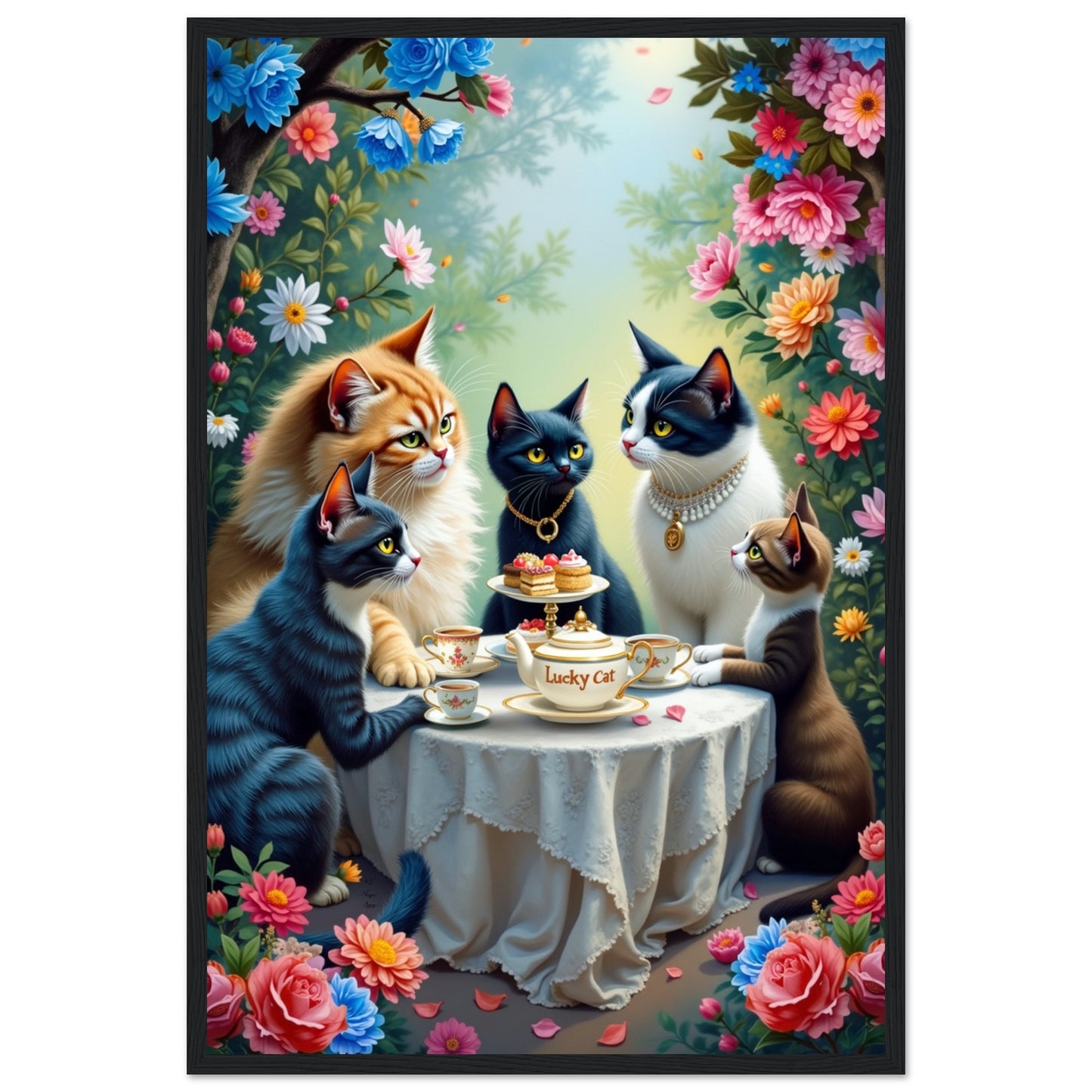 Lucky Cat Garden Tea Party Kitchen Art Print Black Wood Frame 40x60 cm 16x24″ Premium Matte Paper Wooden Framed Poster