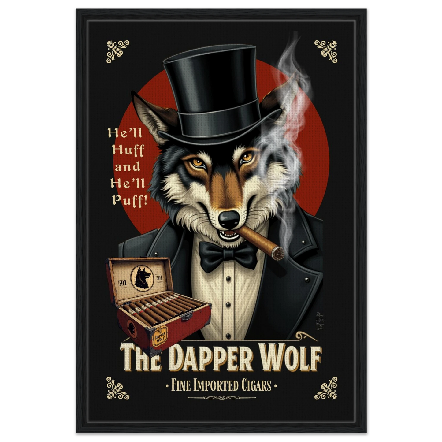 Smoking Wolf Retro Cigar Art Print 60x90 cm 24x36″ Framed Canvas Black Wood frame