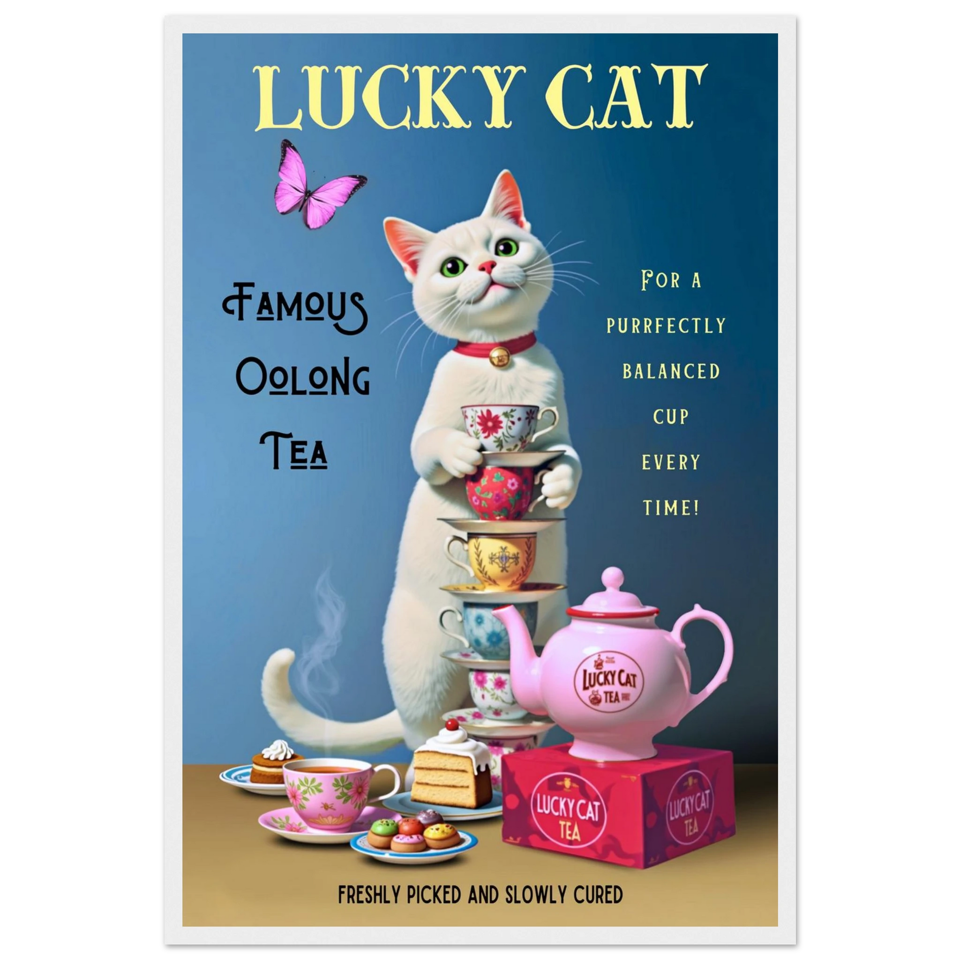White Lucky Cat Tea Vintage Fine Art Print White Wood Frame 40x60 cm 16x24″ Premium Matte Paper Wooden Framed Poster