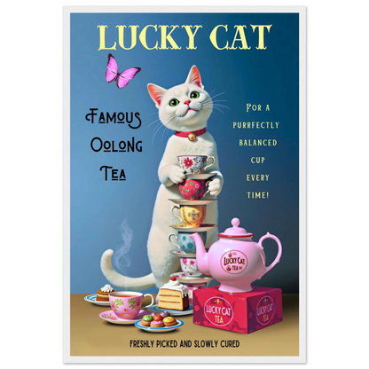 White Lucky Cat Tea Vintage Fine Art Print White Wood Frame 40x60 cm 16x24″ Premium Matte Paper Wooden Framed Poster