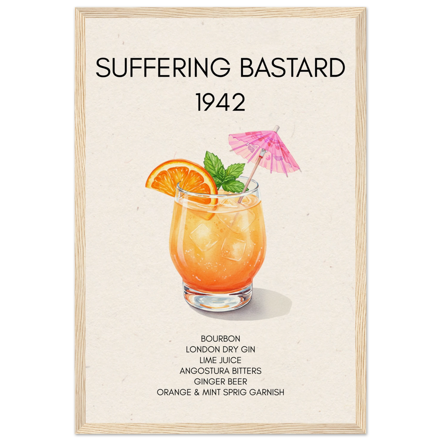 Suffering Bastard Tiki Cocktail Bar Poster Print Light Wood Frame 30x45 cm 12x18″ Museum-Quality Matte Paper Wooden Framed Poster