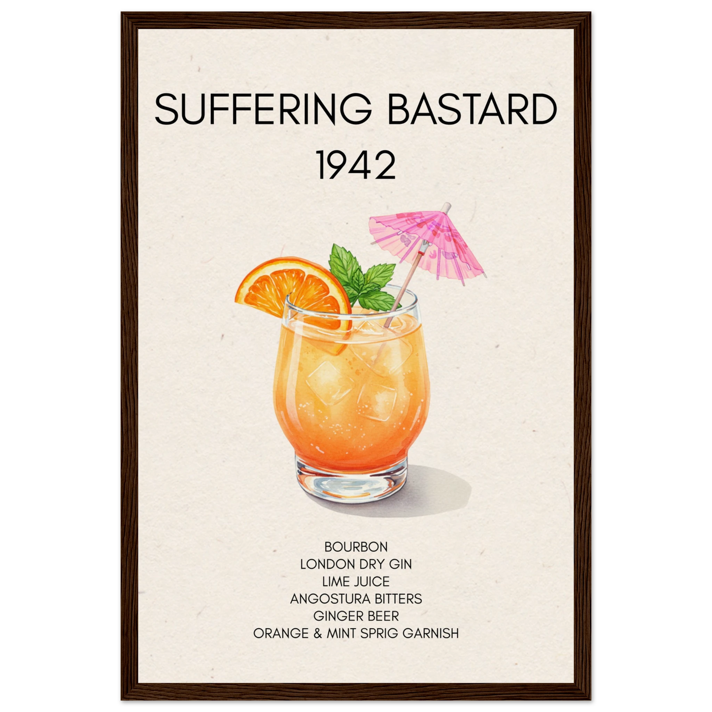 Suffering Bastard Tiki Cocktail Bar Poster Print Dark Brown Wood Frame 30x45 cm 12x18″ Museum-Quality Matte Paper Wooden Framed Poster