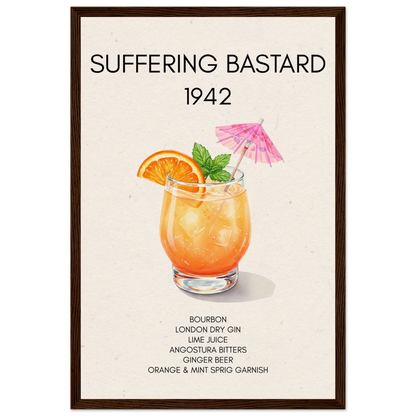 Suffering Bastard Tiki Cocktail Bar Poster Print Dark Brown Wood Frame 30x45 cm 12x18″ Museum-Quality Matte Paper Wooden Framed Poster