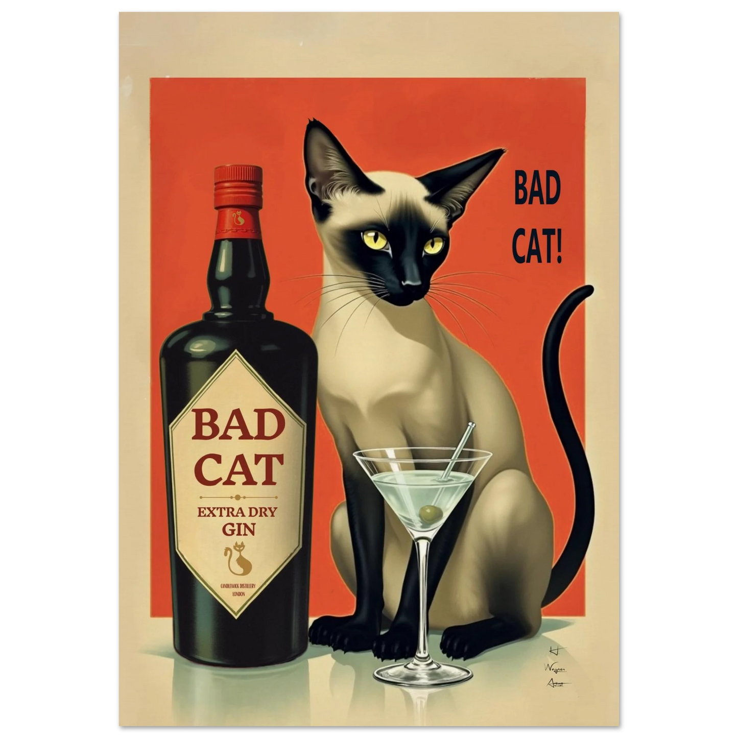 Siamese Cat Gin Martini Cocktail Art Print 70x100 cm 28x40″ Museum-Quality Matte Paper Poster No Frame