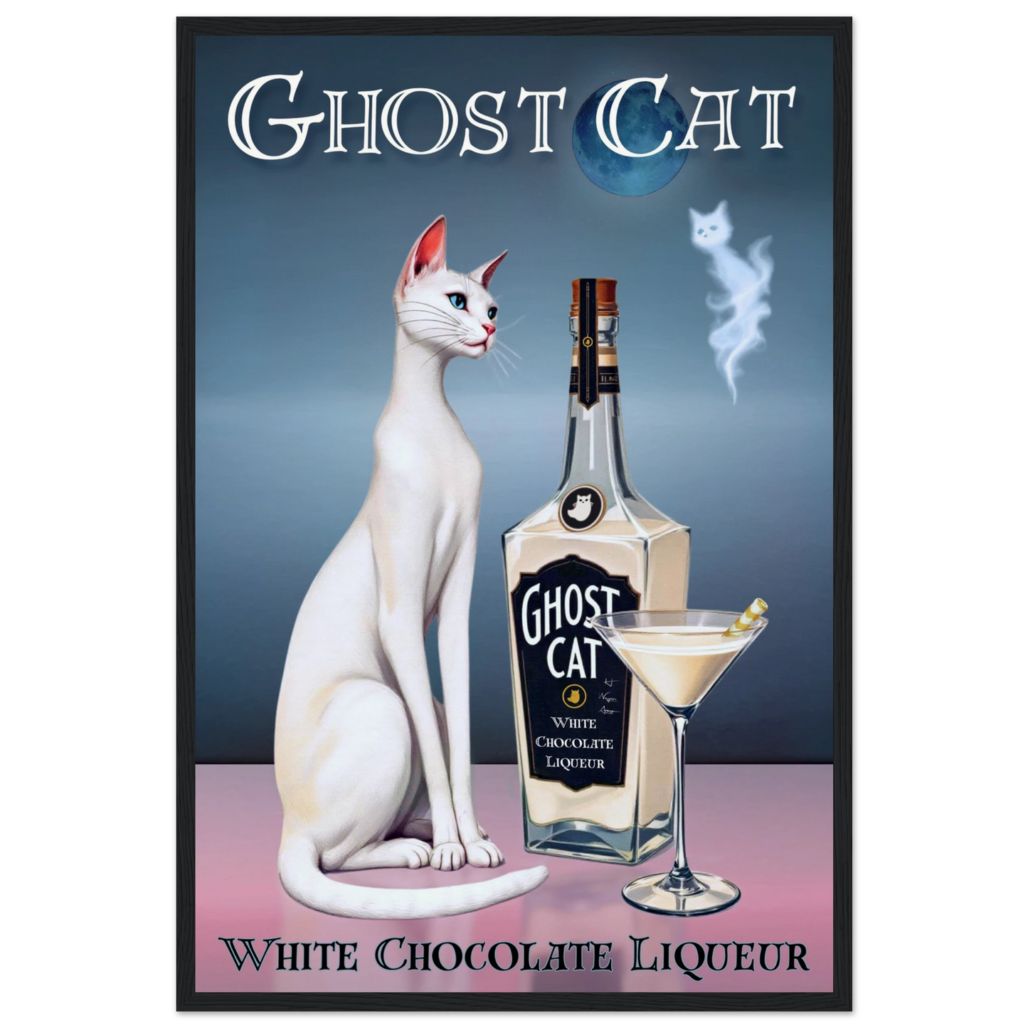 White Cat Martini Cocktail Bar Art Print 40x60 cm 16x24″ Museum-Quality Matte Paper Wooden Framed Poster Black Wood frame