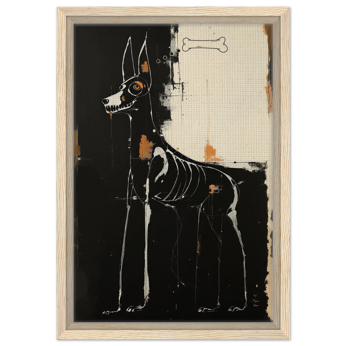 X-ray Skeleton Dog Abstract Art Poster Print 30x45 cm 12x18″ Framed Canvas Light Wood Frame