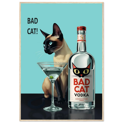 Siamese Cat Retro Martini Cocktail Bar Art Print Light Wood Frame 70x100 cm 28x40″ Premium Matte Paper Wooden Framed Poster