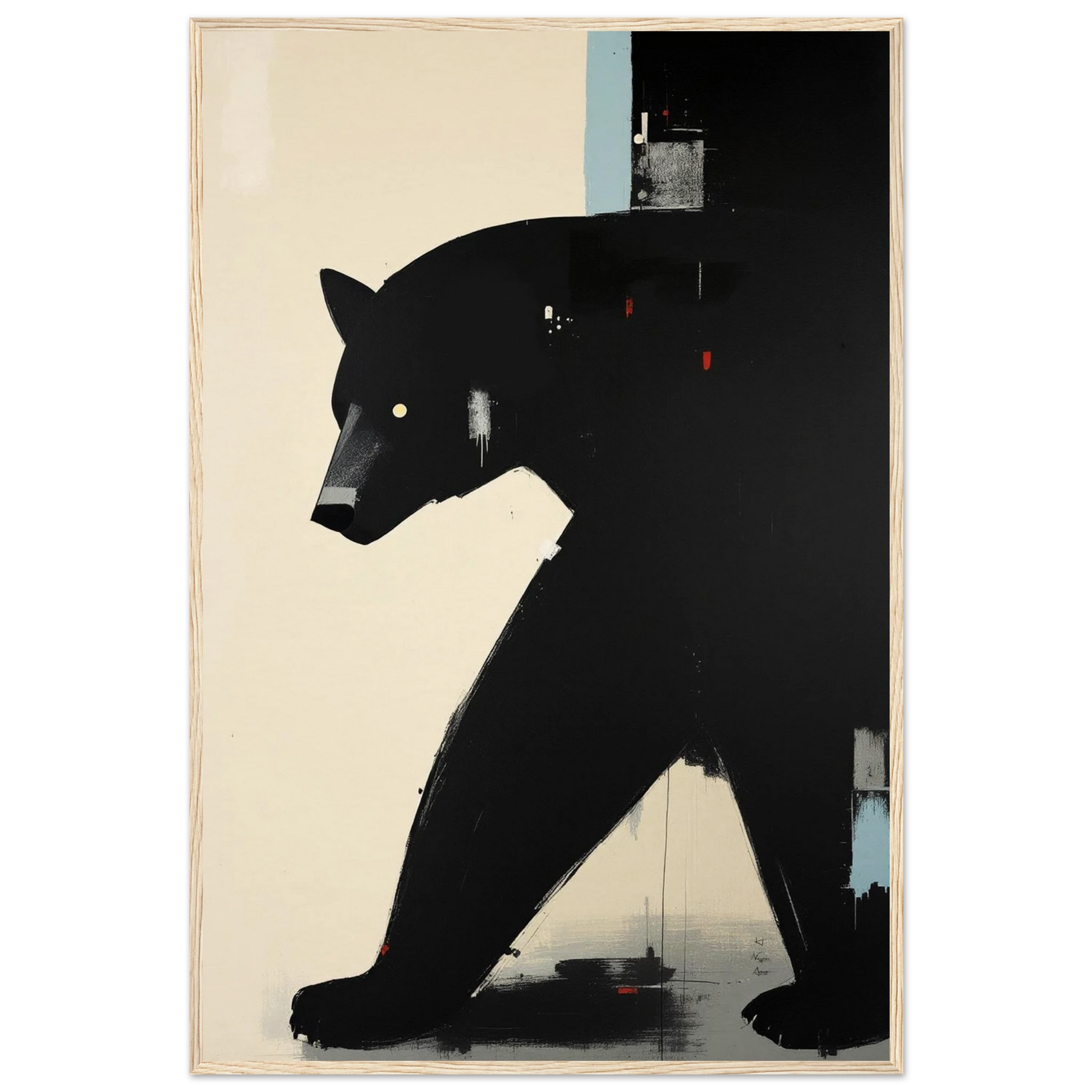 Minimalist Abstract Black Bear Art Poster Print Light Wood Frame 60x90 cm 24x36″ Museum-Quality Matte Wooden Framed Poster