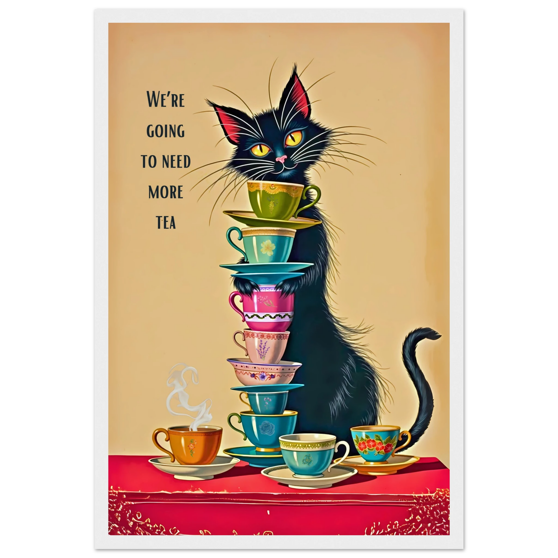 Quirky Cat Funny Tea Art Print 30x45 cm 12x18″ Premium Matte Paper Wooden Framed Poster White Wood Frame