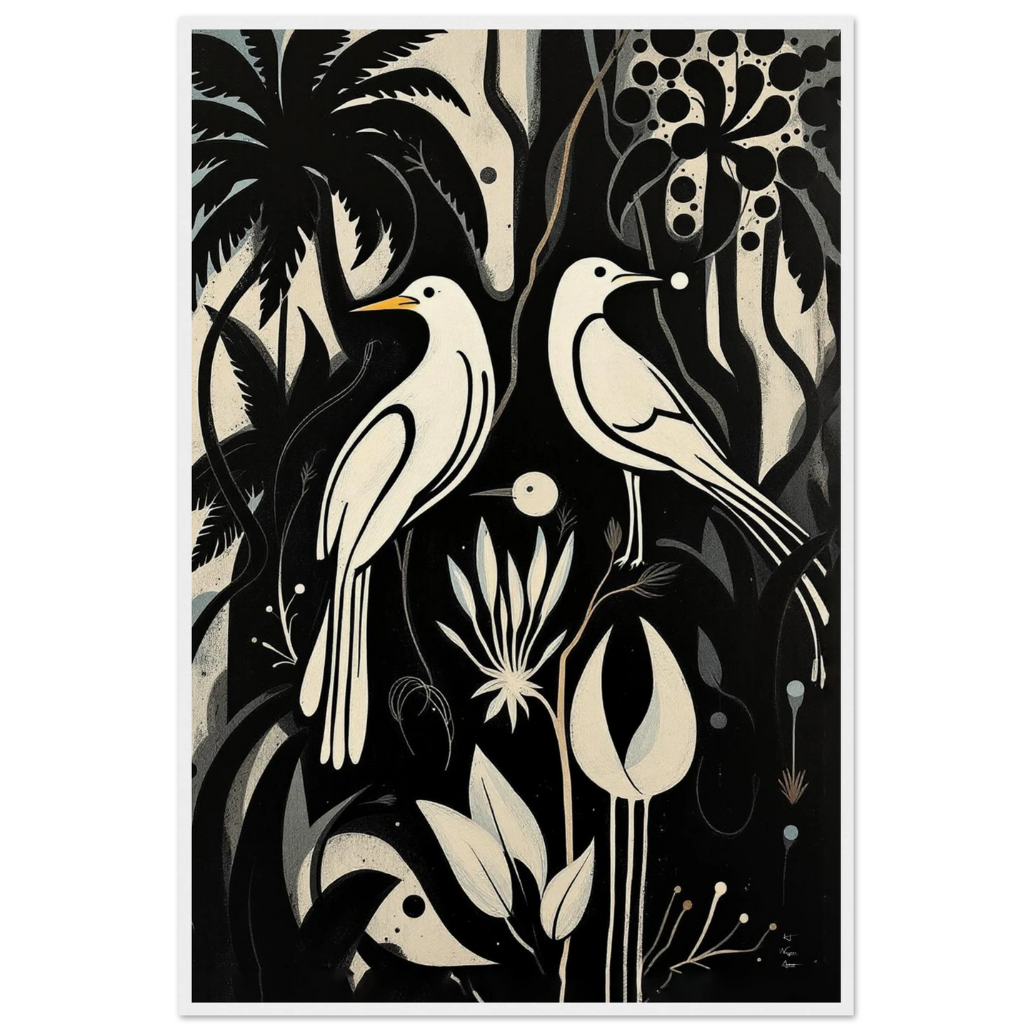 Black & White Minimalist Bird Art Print White Wood Frame 60x90 cm 24x36″ Museum-Quality Matte Paper Wooden Framed Poster