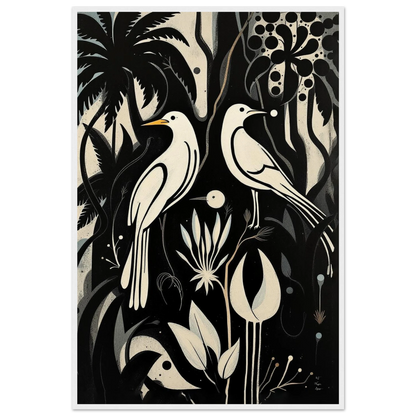 Black & White Minimalist Bird Art Print White Wood Frame 60x90 cm 24x36″ Museum-Quality Matte Paper Wooden Framed Poster