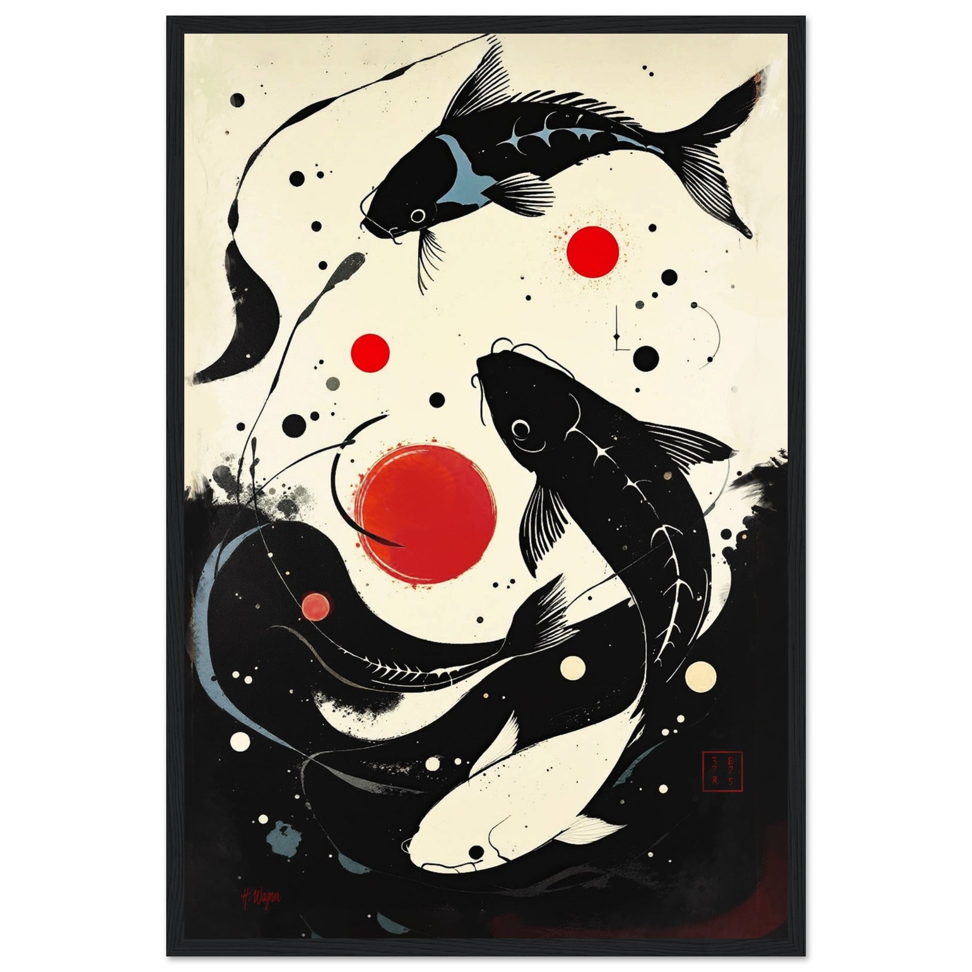 Mid-Century Modern Koi Fish Art Poster Print – Framed Abstract Black White Wall Décor 40x60 cm 16x24″ Premium Matte Framed Poster Black Wood Frame